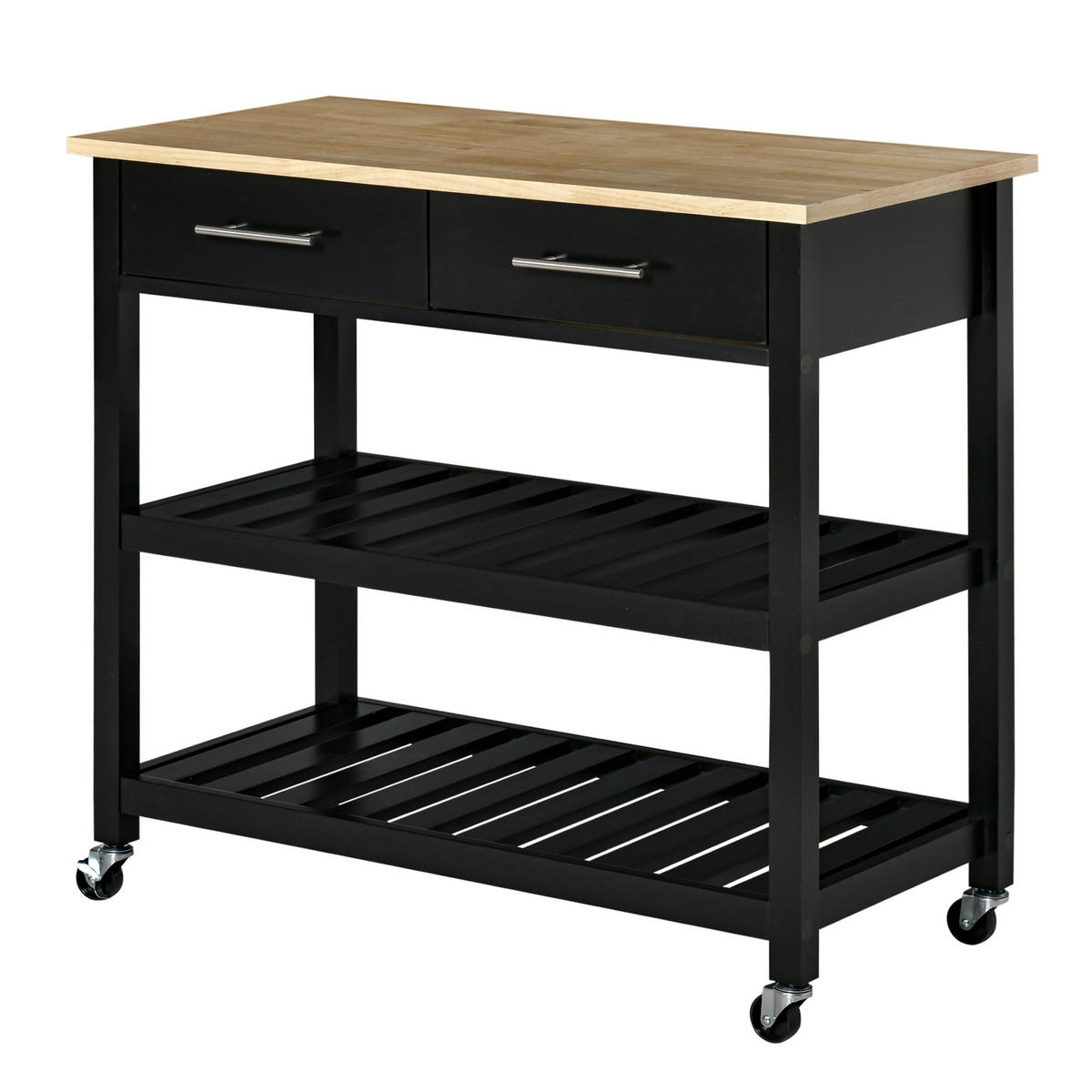 KÜCHENWAGEN, Küchenwagen mit Rollen, 2 Ablagen und 2 Schubladen, Schwarz-Naturholz-Finish, vielseitig einsetzbar - Multicolor, Metall (91.4/85/45.6cm) - FORIOUS