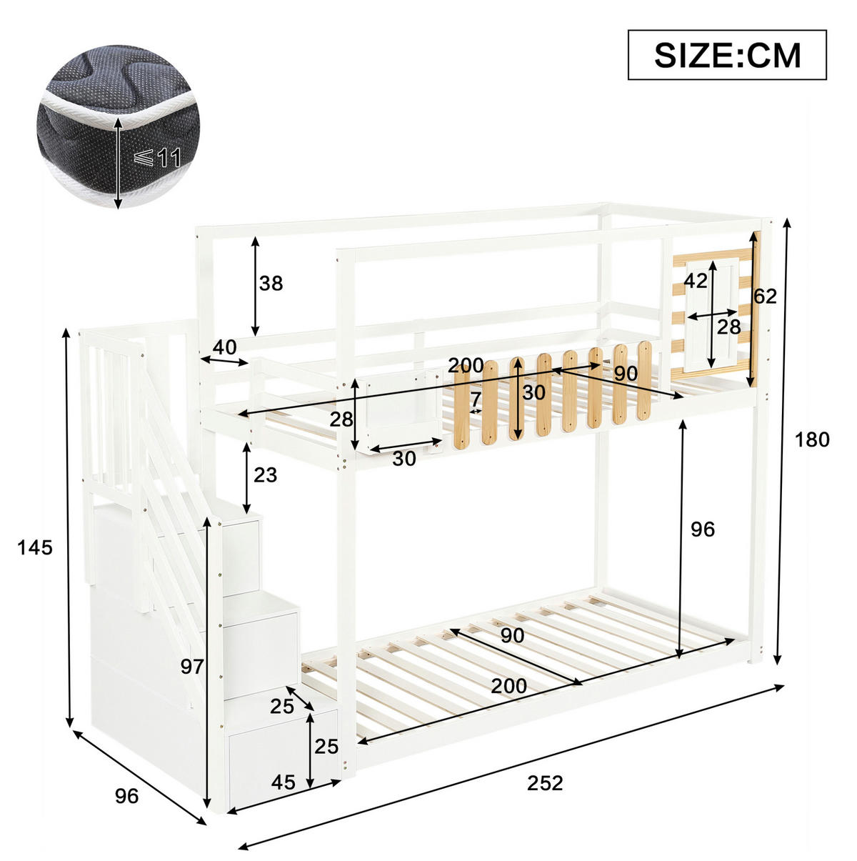 ETAGENBETT aus Kiefernholz und MDF 90x200 cm Weiß/Natur mit Treppe, Stauraumfächern, Fenster und Fallschutz - Weiß, Holzwerkstoff (90/200cm) - Modfu