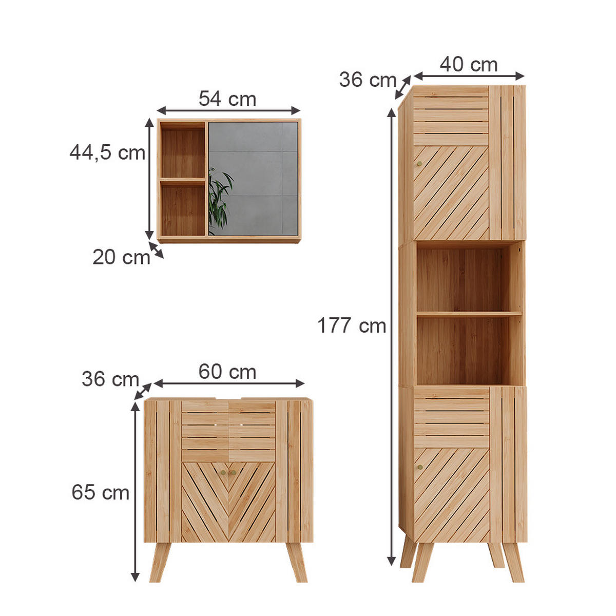 BADMÖBEL-SET Lucie Bambus 3 Teile, mit Hochschrank - Grün, Holzwerkstoff (60/65/36cm) - Vicco