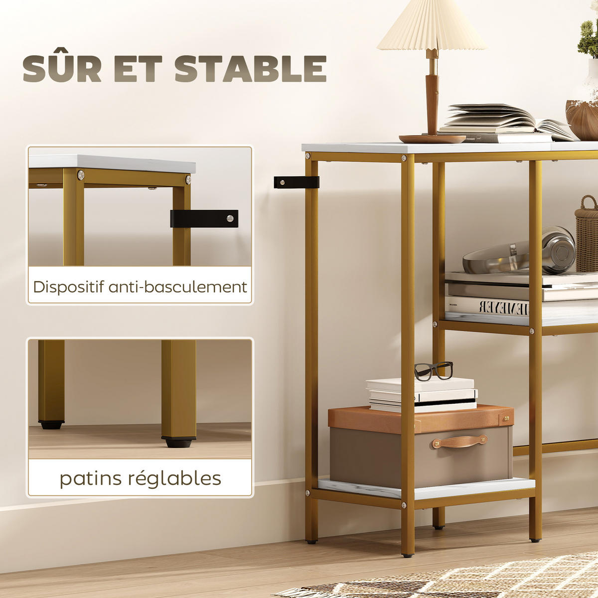 KONSOLENTISCH DE-16805 Marmor-Optik, 3 Ablagen Weiß & Gold - Weiß, Holzwerkstoff (120/30/76.5cm) - ComfortXL