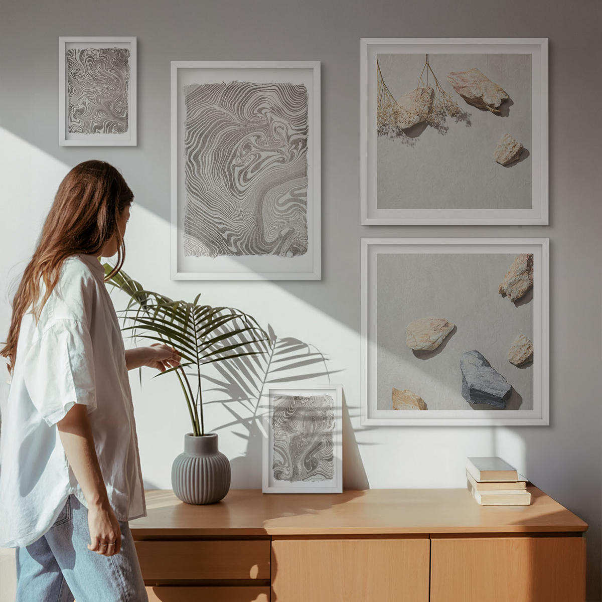 WANDBILDER 5er-Set - 50x50 cm & 20x30 cm & 40x60 cm Weißer Rahmen - Moderne abstrakte Formen - Weiß, Kunststoff (40/60cm) - ArtPrintCave