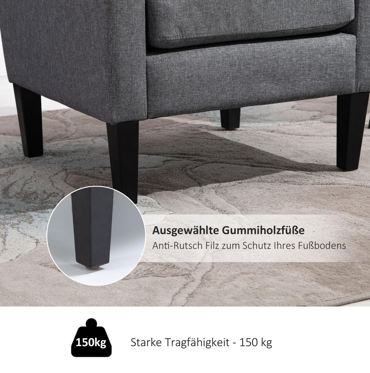 SESSEL 66/72/74 cm in Hellgrau mit Leinenoptik und Holzfüßen - Hellgrau, Textil (72/74/66cm) - Flora Grace