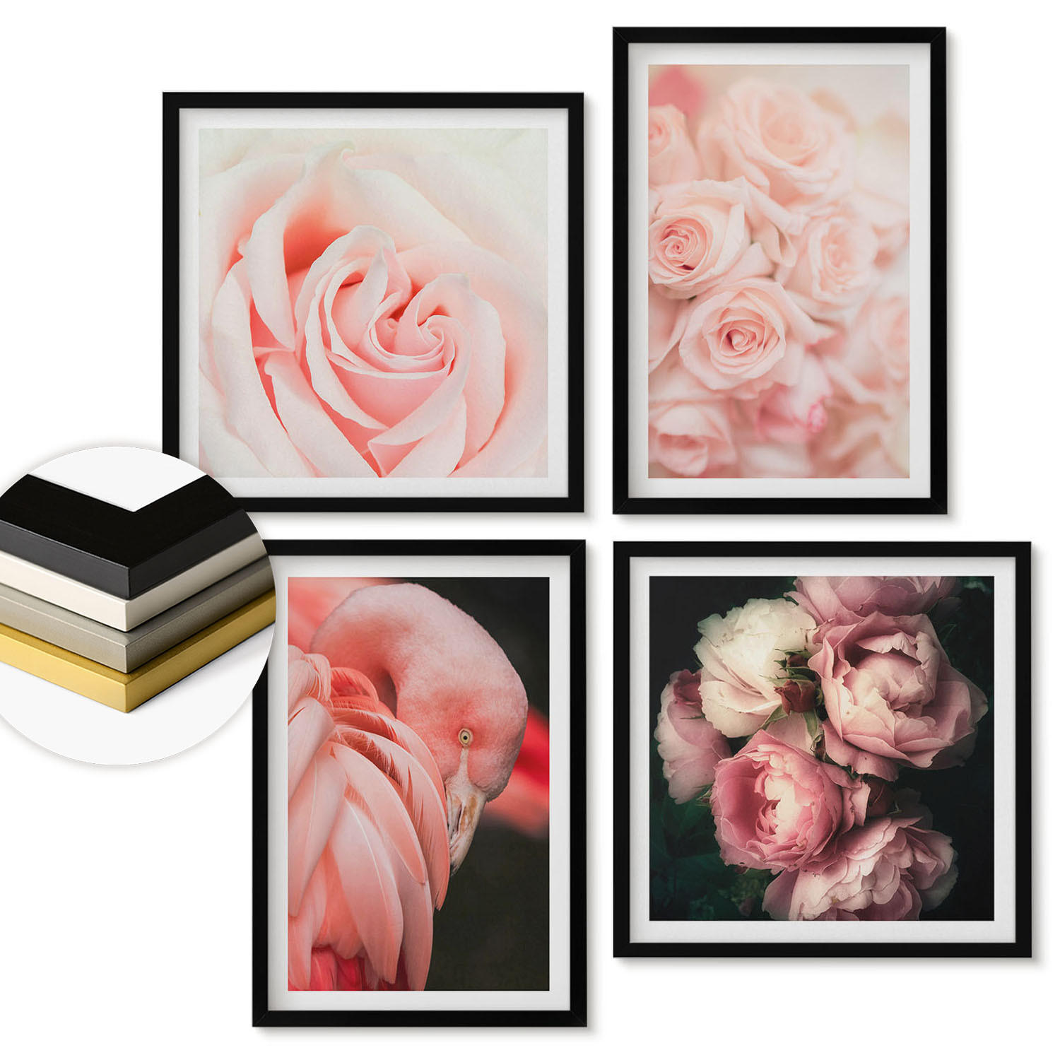 WANDBILDER 4er-Set - 50x50 cm & 40x60 cm Schwarzer Rahmen - Pastellrosa Flamingos - Schwarz, Kunststoff (50/50cm) - ArtPrintCave
