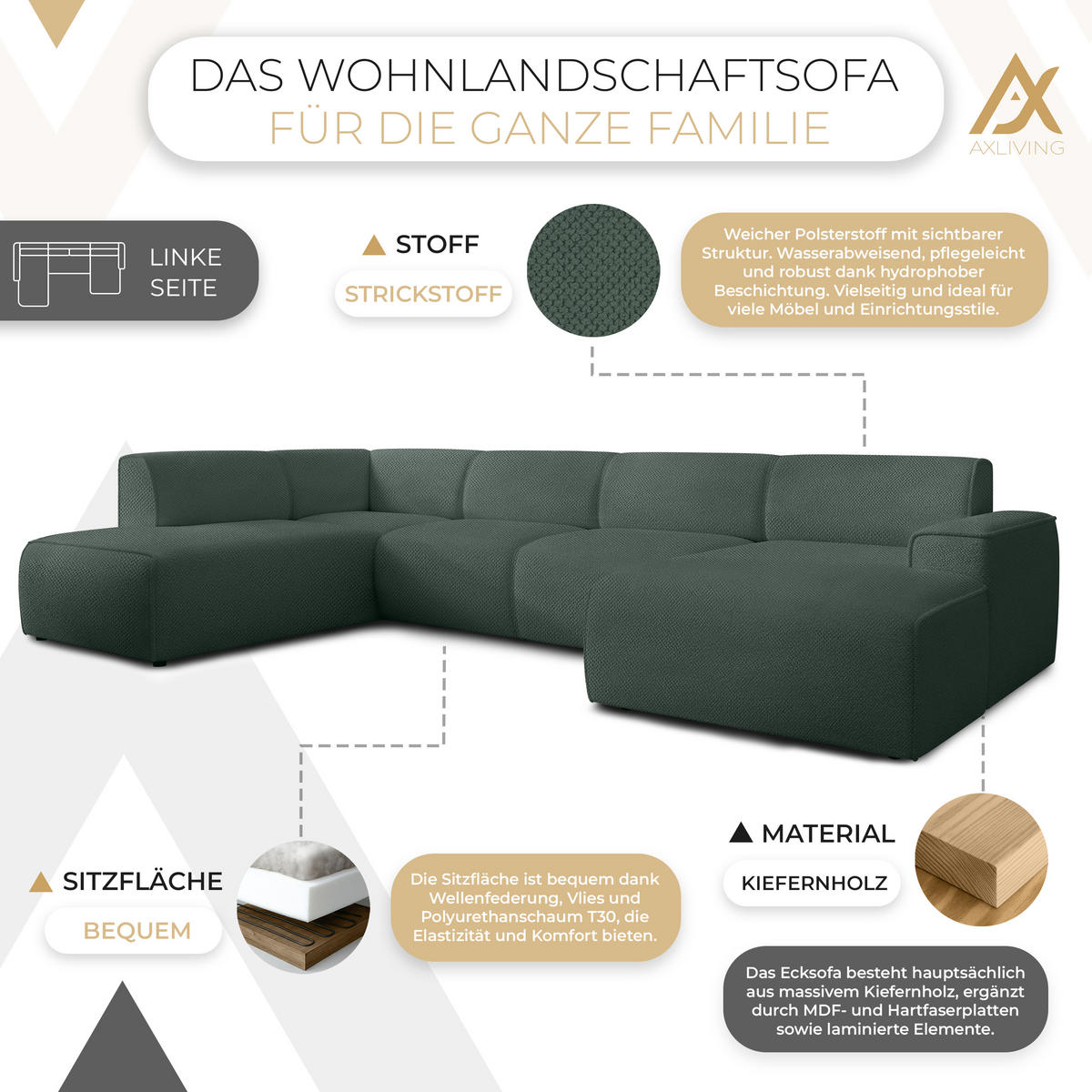 WOHNLANDSCHAFT Didim Grün 378/220/78 cm – großes Sofa stilvoll & bequem L - Schwarz/Grün, Kunststoff/Textil (220/78/378cm) - AX Living