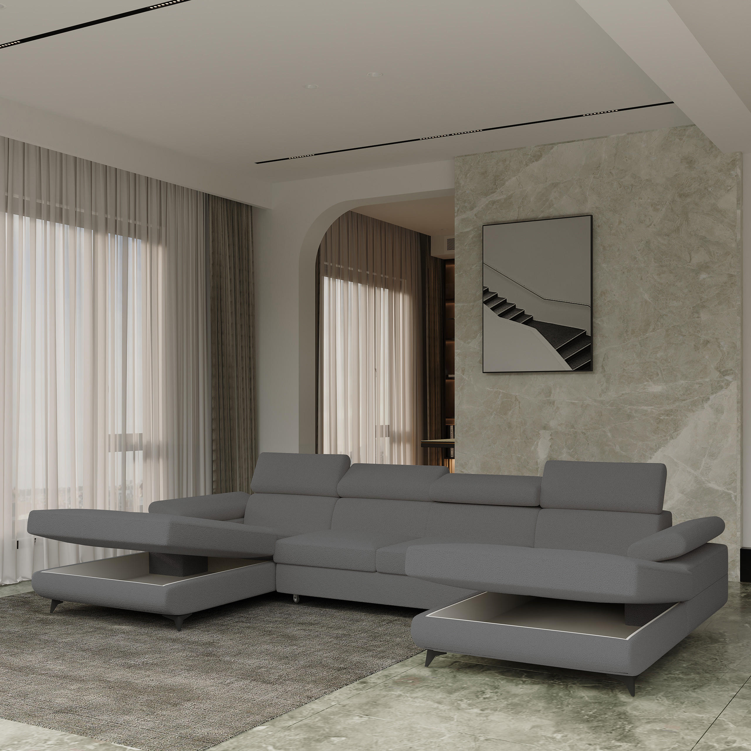 WOHNLANDSCHAFT DETTI Grau Boucle-Stoff mit Schlaffunktion - Grau, Holz (339/89/190cm) - MASSENO