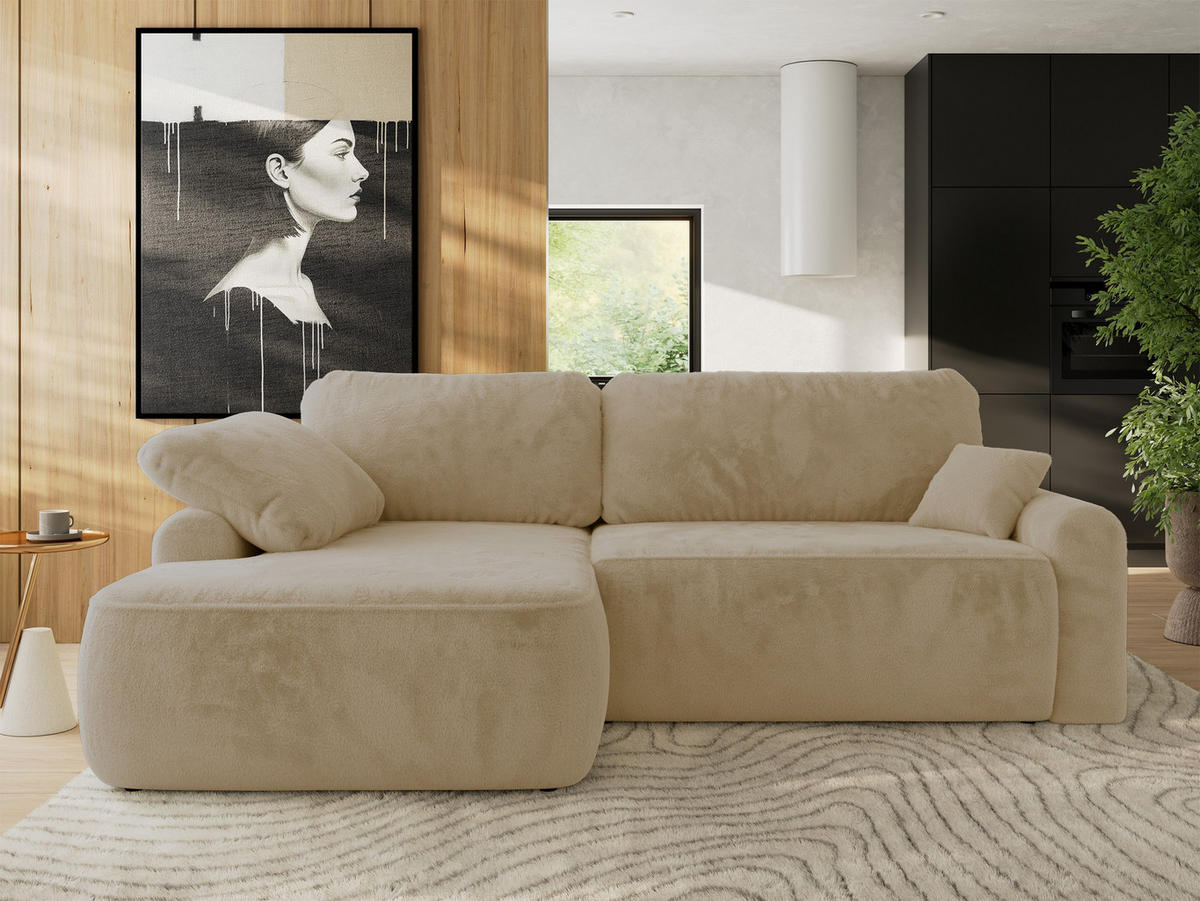ECKSCHLAFSOFA CUBO L Creme Plüsch - links - Creme/Schwarz, Kunststoff/Textil (273/187cm) - MKS