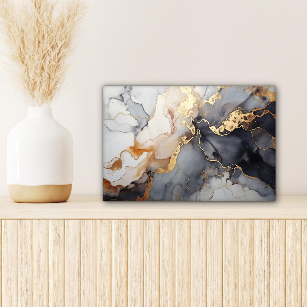 LEINWANDBILD Marmor - Schwarz - Gold - Weiß Deko Schlafzimmer 30x20 cm - Dunkelgrau, Textil (30/20cm) - MuchoWow