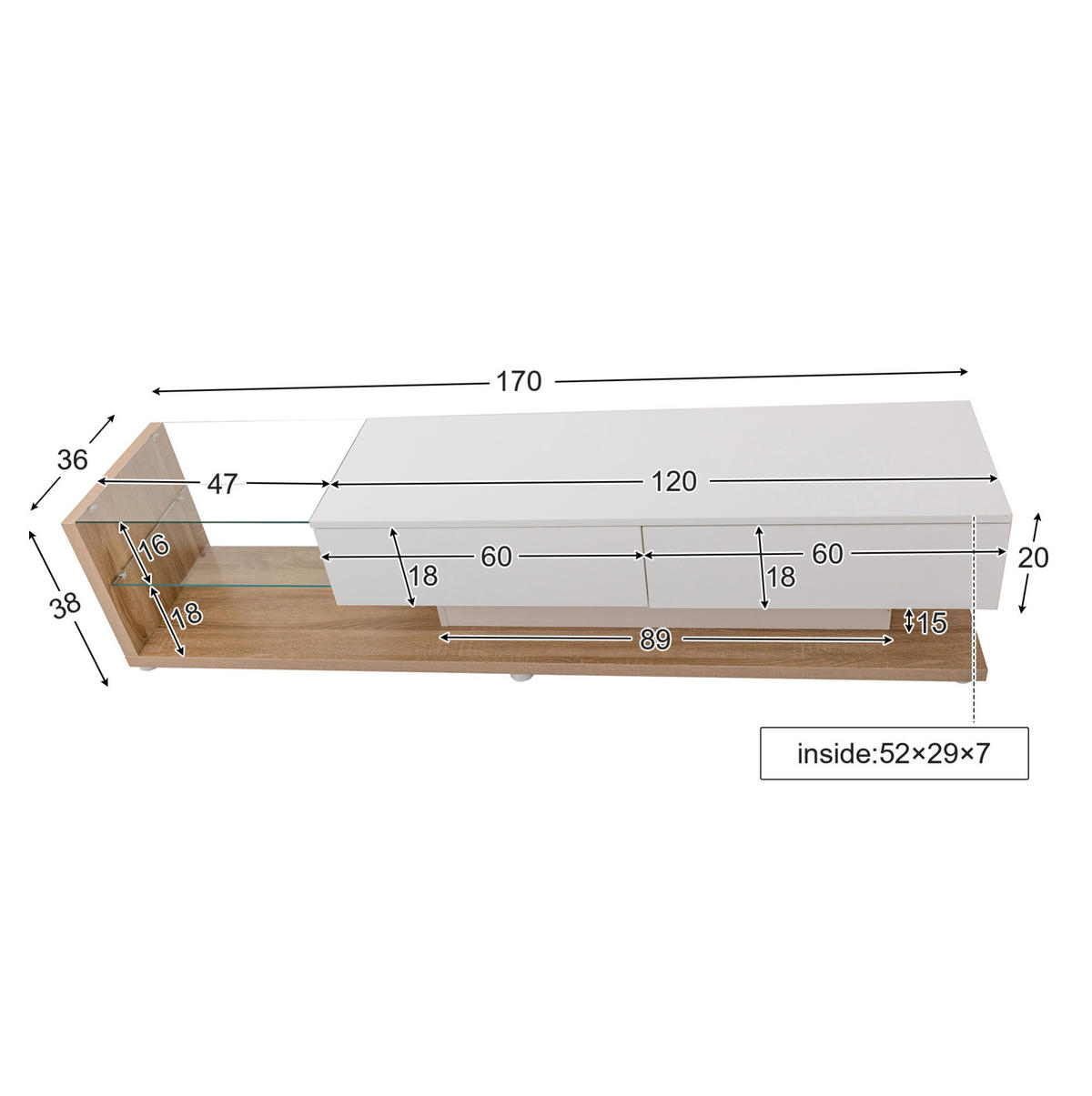 LOWBOARD 170/36/38 cm in Weiß und Holzfarben aus Spanplatte mit LED-Beleuchtung - Weiß, Holzwerkstoff (36/38/170cm) - OKMYHOME