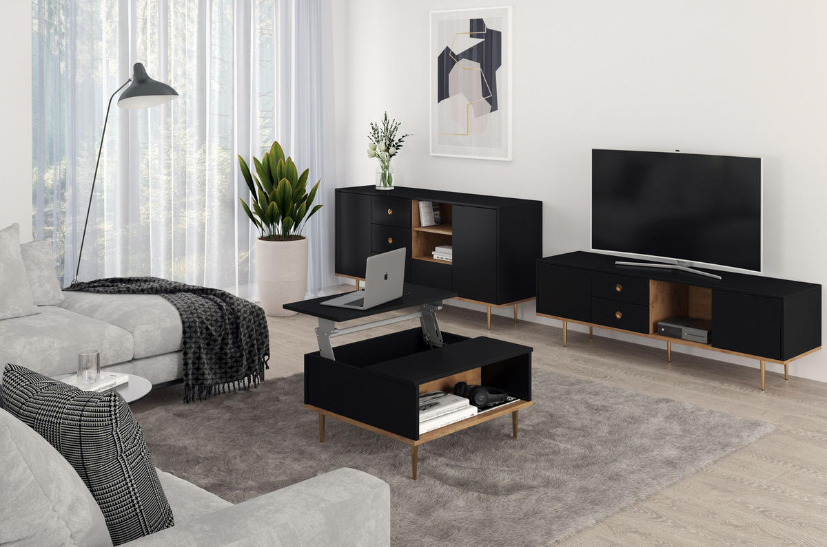 COUCHTISCH Harmoni, Höhenverstellbarer, Schwarz, Goldenen Details - Goldfarben/Schwarz, Holzwerkstoff/Metall (69/75/43cm) - Skandica