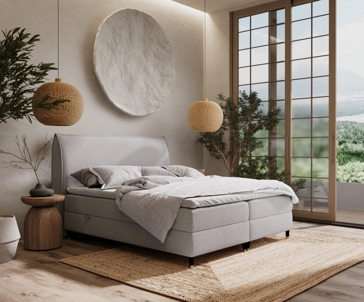 BOXBETT Melba Beige 140/200 cm mit Bonellmatratze - Beige/Schwarz, Holz/Holzwerkstoff (140/200cm) - Maison de Reve