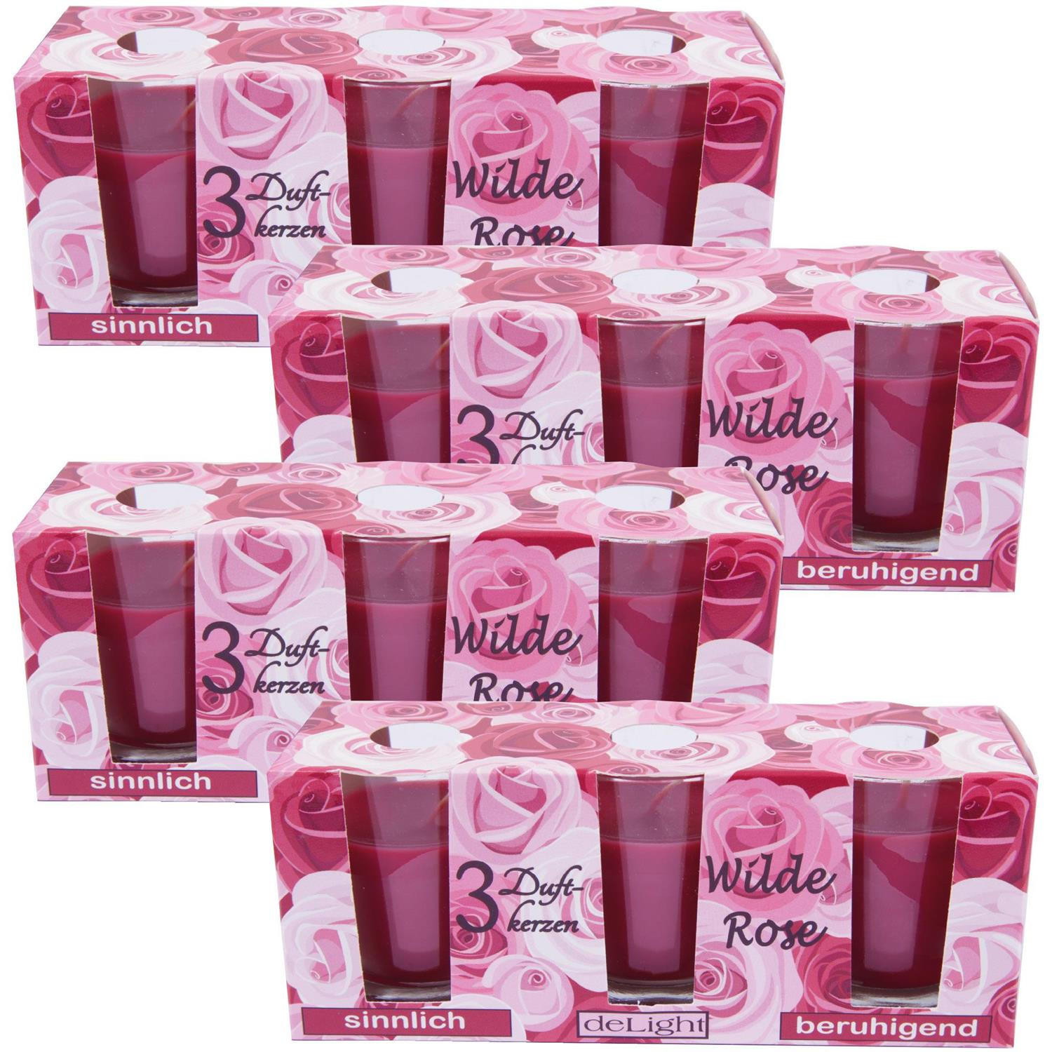 DUFTKERZEN Glas 12er-Pack Wilde Rose - Hellrot, Naturmaterialien (7cm)