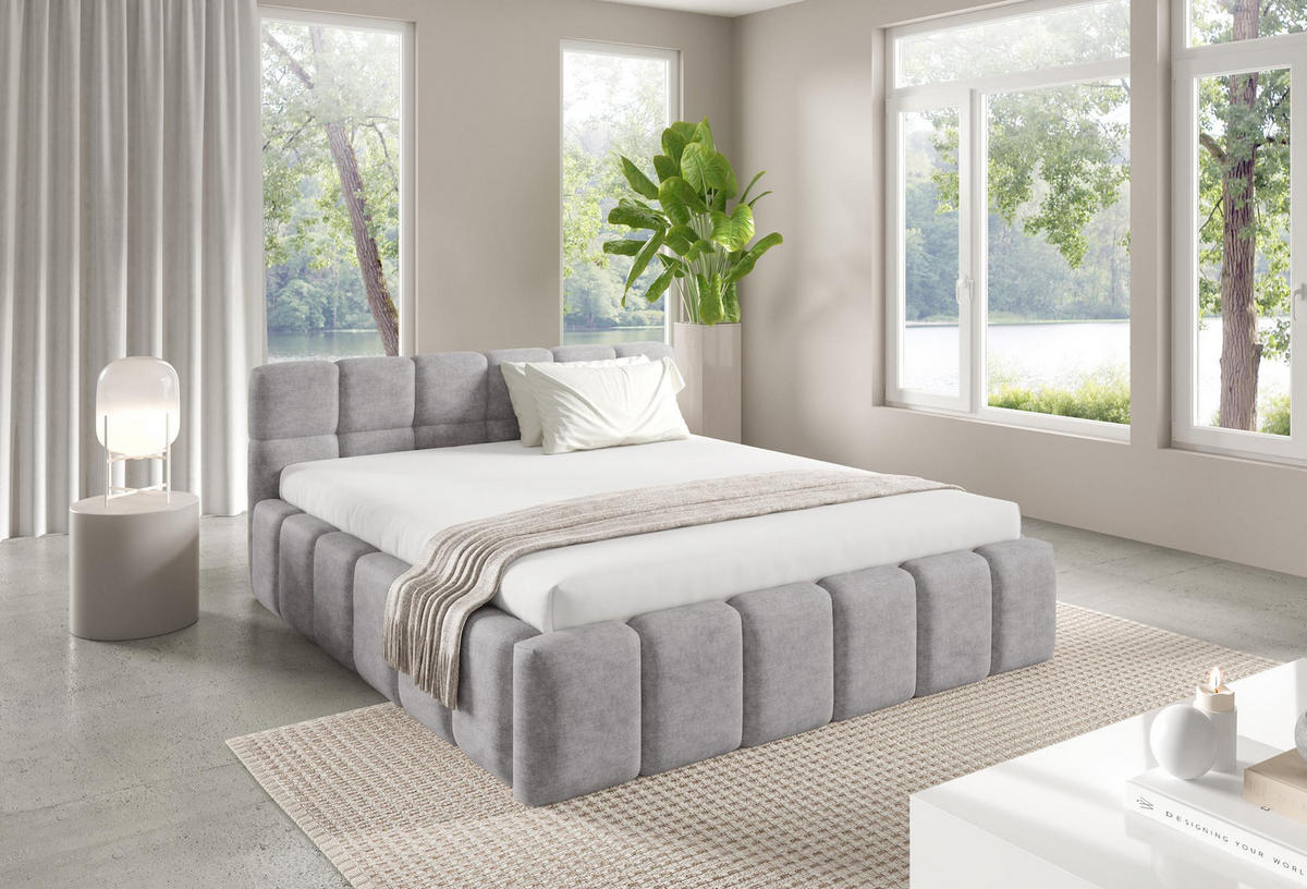POLSTERBETT NUBO Medium 140x200 cm mit Bettkasten – PERFECT HARMONY 80 - Hellgrau, Holz - Dekori_Interiors