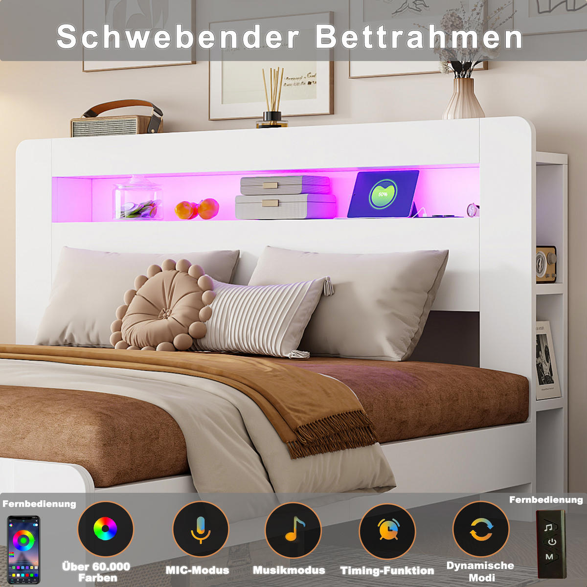 BETT 140/200 cm in Weiß mit Bettkasten, LED, Steckdosen und Kopfteilfächern - Weiß, Holz/Holzwerkstoff (140/200cm) - WISHDOR