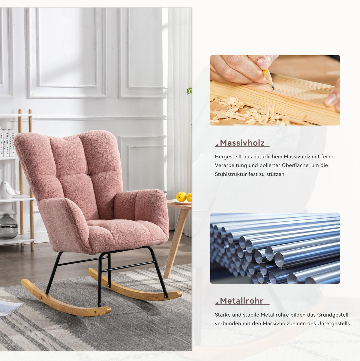 SCHAUKELSTUHL 80/70/95 cm in Rosa aus Teddystoff mit Holz-Kufen - Rosa, Textil (70/95/80cm) - Flora Grace