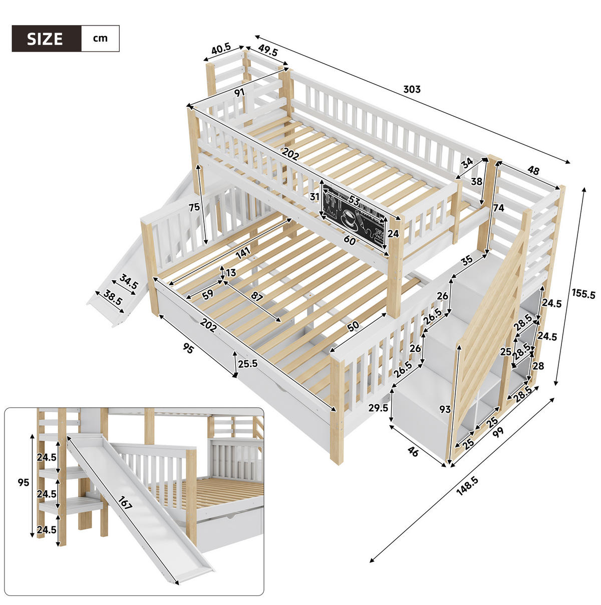 ETAGENBETT 90/200 & 140/200 cm aus Kiefer massiv mit Rutsche, Treppe und Stauraum Weiß/Natur - Weiß, Holz (140/200cm) - Modenvie