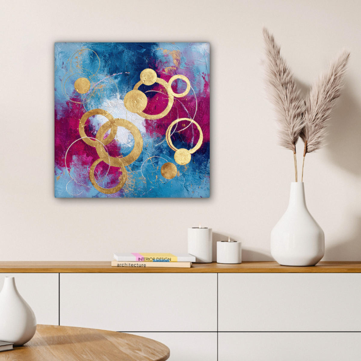 LEINWANDBILD Kreise - Gold - Abstrakt Wandbild Wohnzimmer 50x50 cm - Blau, Textil (50/50cm) - MuchoWow