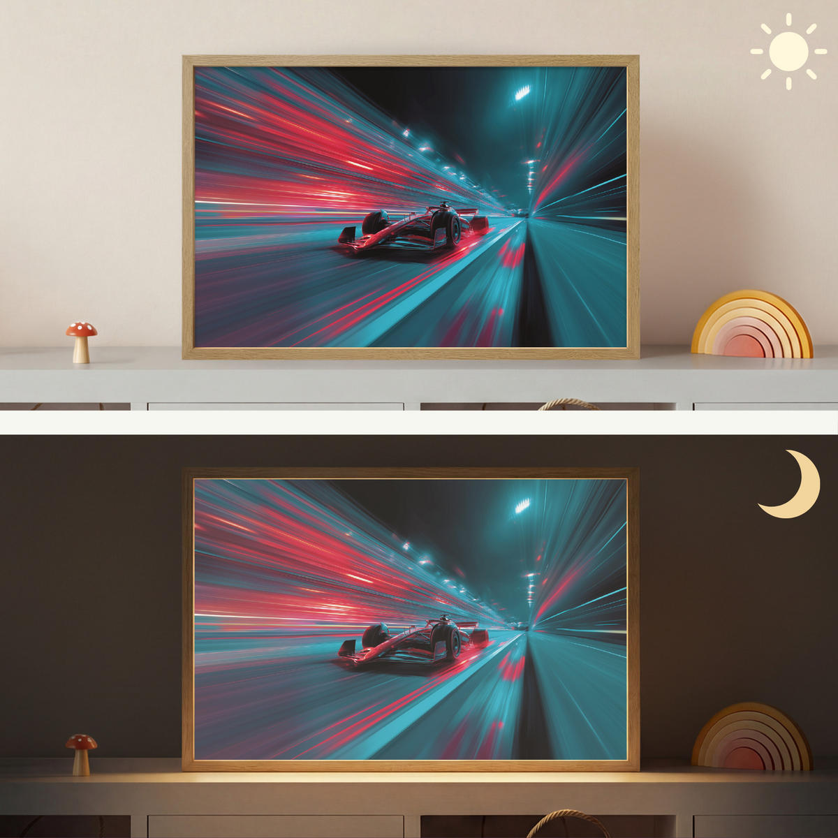 NÁSTĚNNÁ LAMPA S AKUMULÁTOREM Závodní auto - Červená - Rychlost 60x40 cm - tyrkysová, kompozitní dřevo (60/40/8cm) - OnlyWow