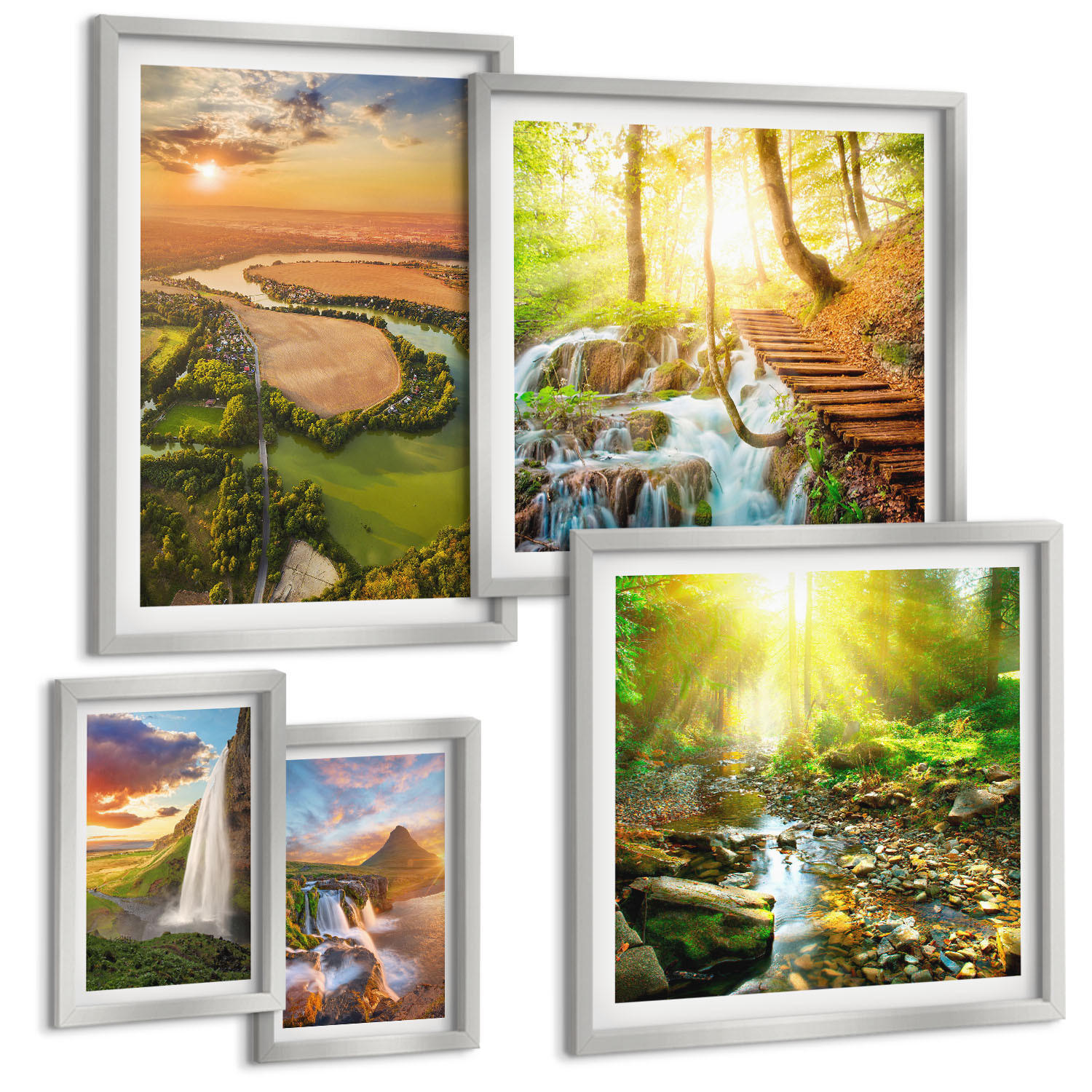 BILDER SET 5er Set - 50x50 cm & 20x30 cm & 40x60 cm Silberner Rahmen - Orange Mountain Wasserfall - Silberfarben, Kunststoff (40/60cm) - TULUP