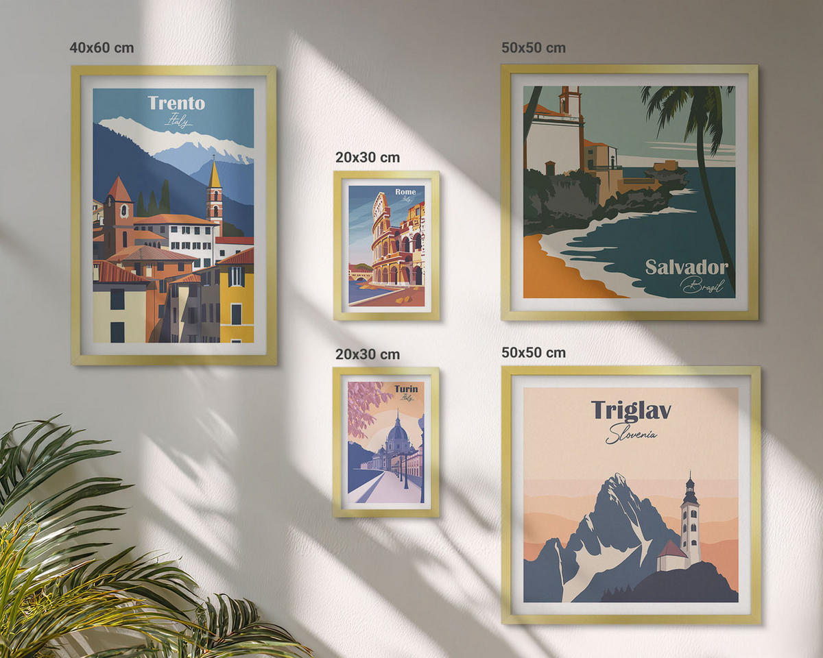 BILDER SET 5er Set - 50x50 cm & 20x30 cm & 40x60 cm Goldrahmen - Blicke auf berühmte Orte am Meer - Goldfarben, Kunststoff (40/60cm) - TULUP