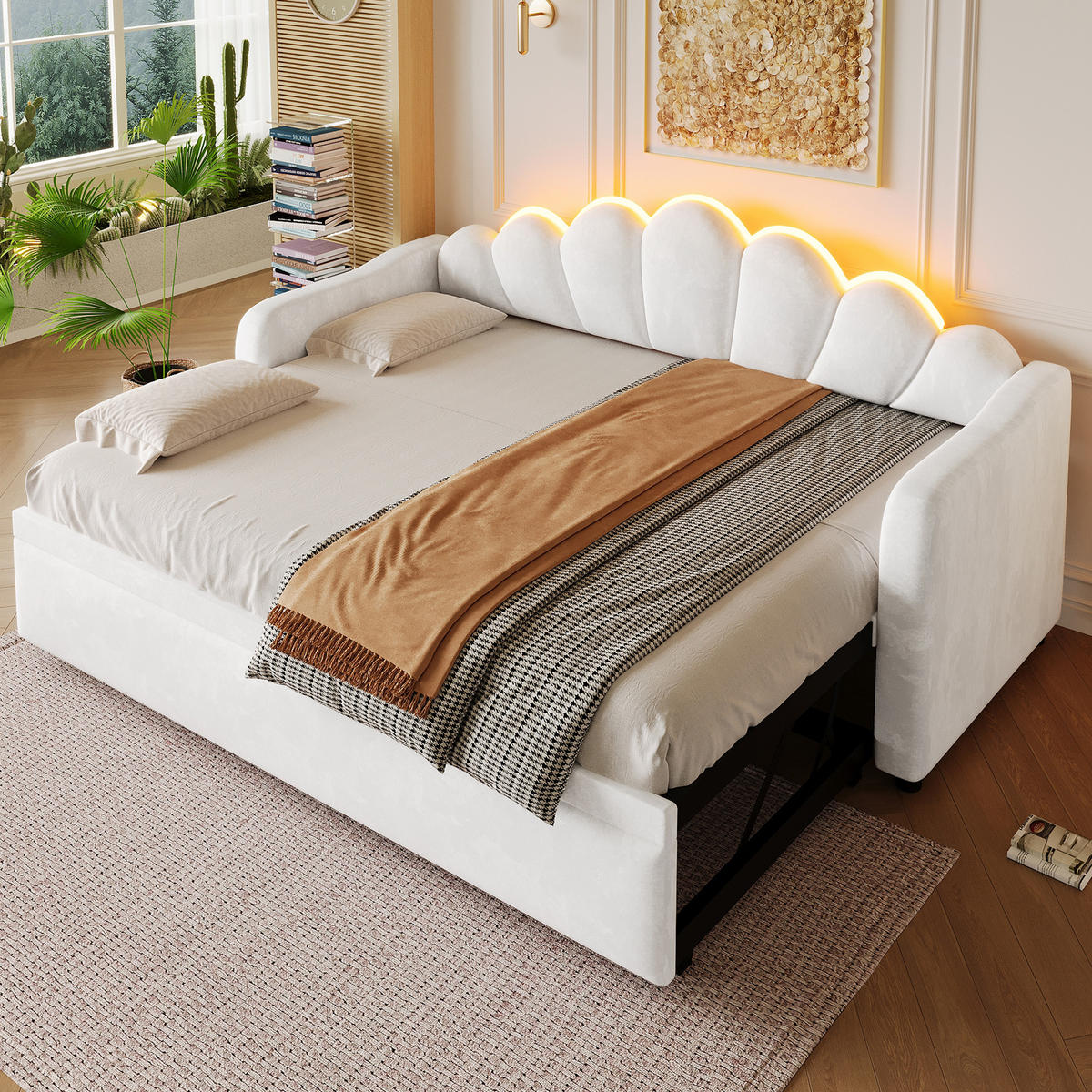 BETT 90/200 cm in Weiß Samt mit Ausziehbett und LED - Weiß, Holzwerkstoff/Textil (90/200cm) - WISHDOR