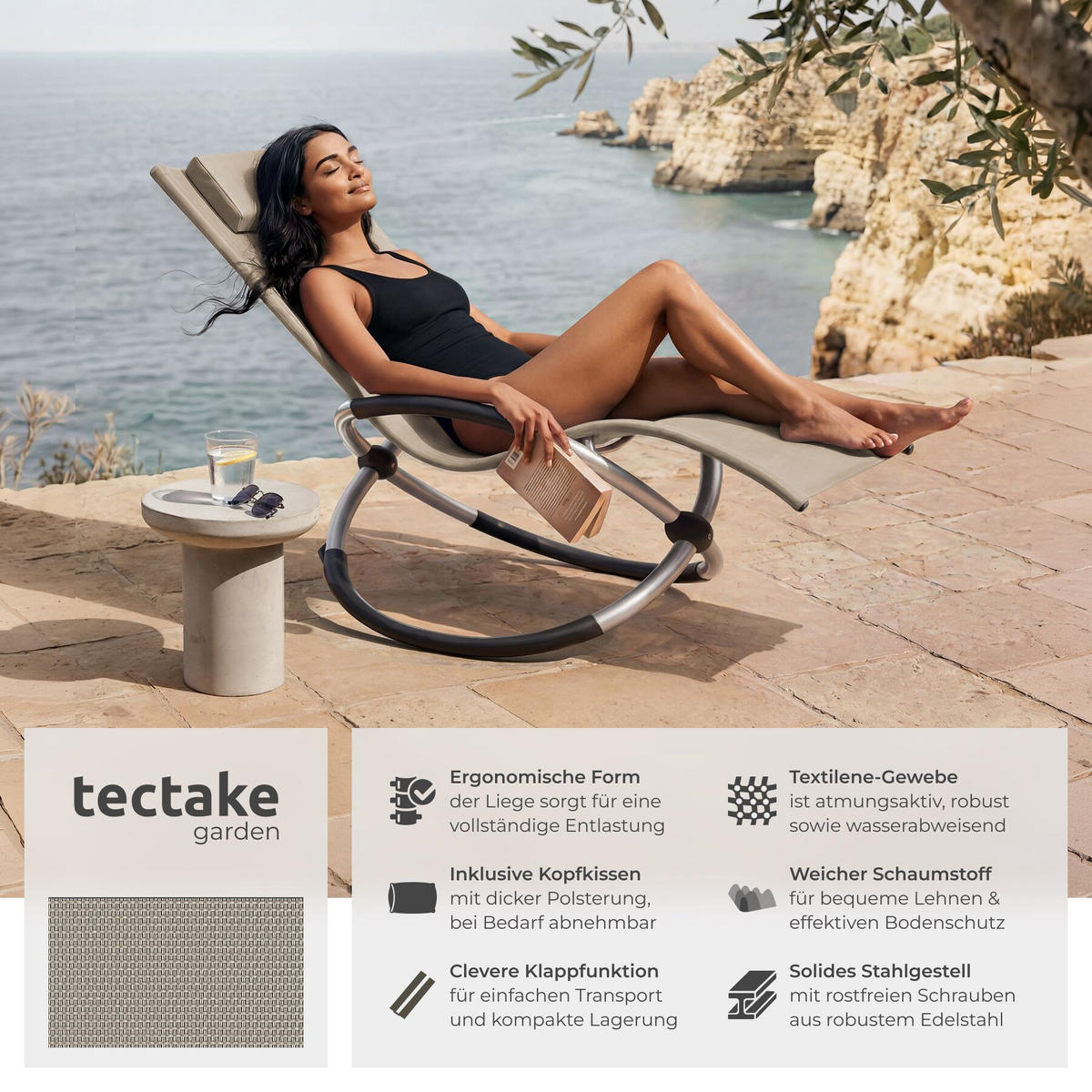 SONNENLIEGE Paulina, 150 x 73 x 93 cm, beige - Beige, Metall (73/93/150cm) - tectake