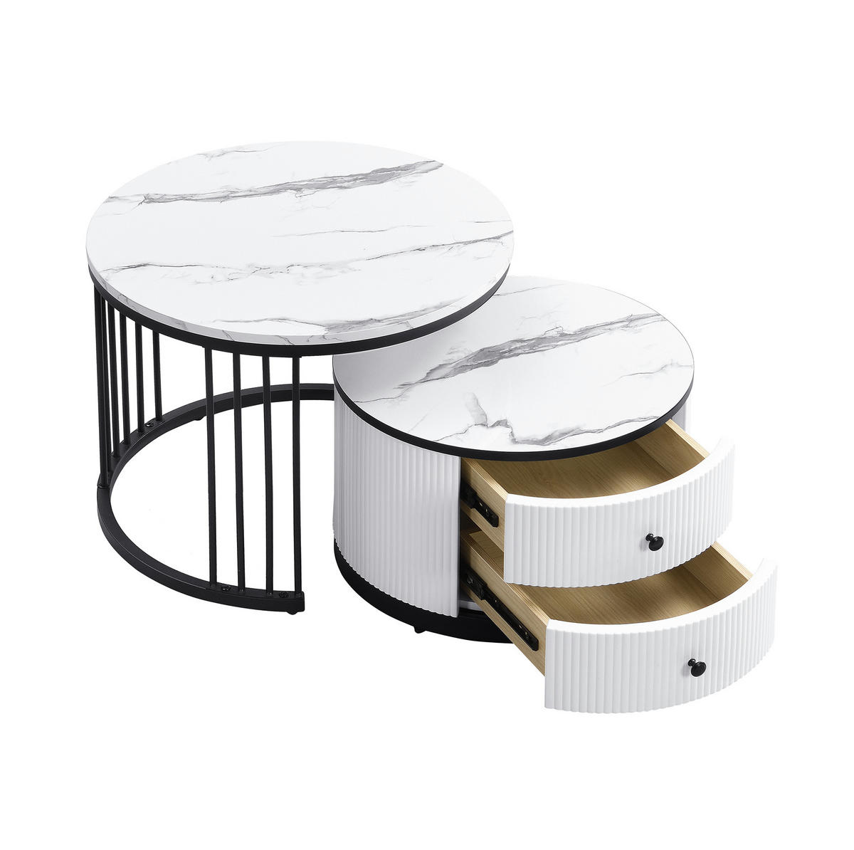 COUCHTISCH-SET 60/50 cm in Marmoroptik mit 2 Schubladen - Weiß, Holzwerkstoff (60/60/45cm) - BEAOK