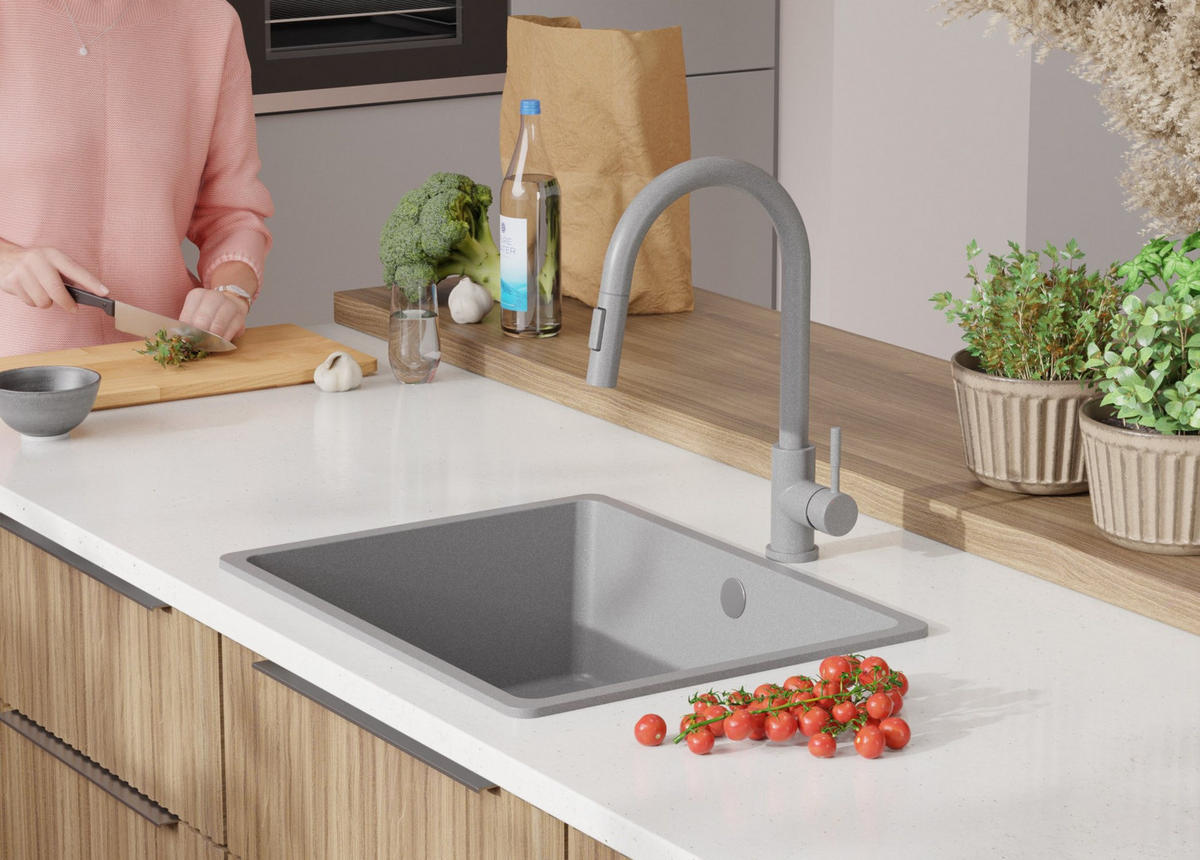 SPÜLBECKEN Venedig Slim Easy, 2-er set Grau 56/44 cm 1 Becken + Ablauf-Set ab 60er Unterschrank - Grau, Kunststoff (56/20/44cm) - Primagran