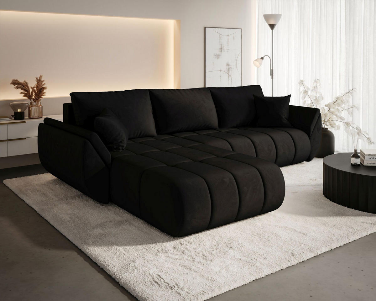ECKSOFA SYDNEY PREMIUM links schwarz Velours Monolith 97 - Schlaffunktion, Bettkasten - Schwarz, Textil (280/184cm) - Cornero