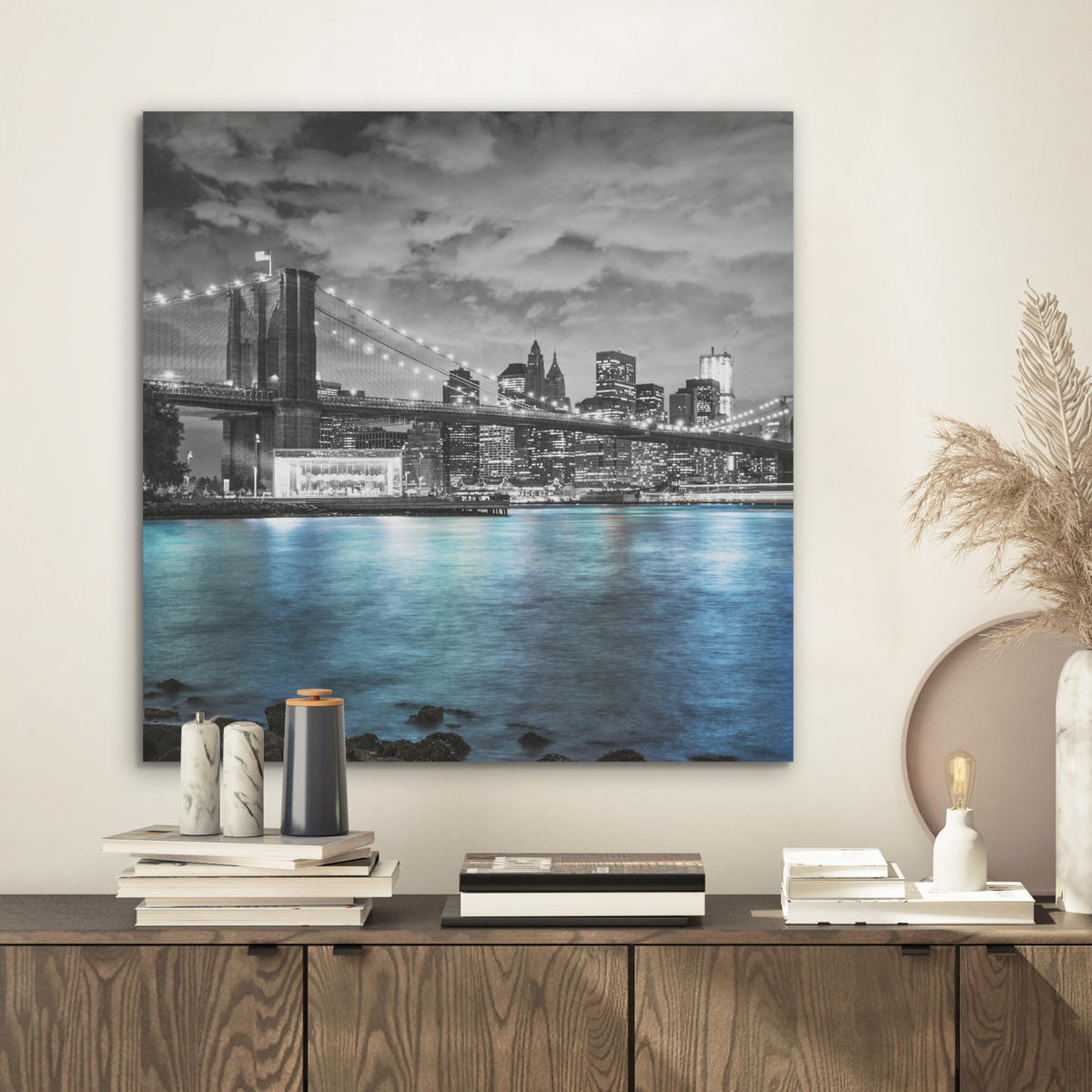 AKUSTIKBILD New York - Skyline - Stadt - Blau Wandbilder 60x60 cm - Blaugrau, Kunststoff (60/60/0.9cm) - MuchoWow