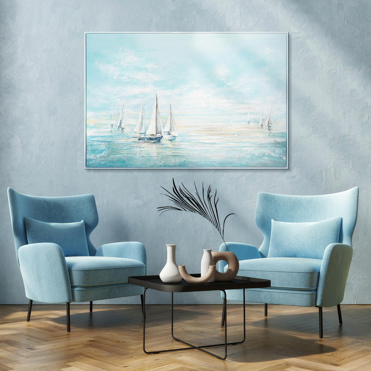 GEMÄLDE Meeresblau Schattenfugenrahmen Weiß 120x80 cm - Weiß, Holz (120/80cm) - YS-art gallery