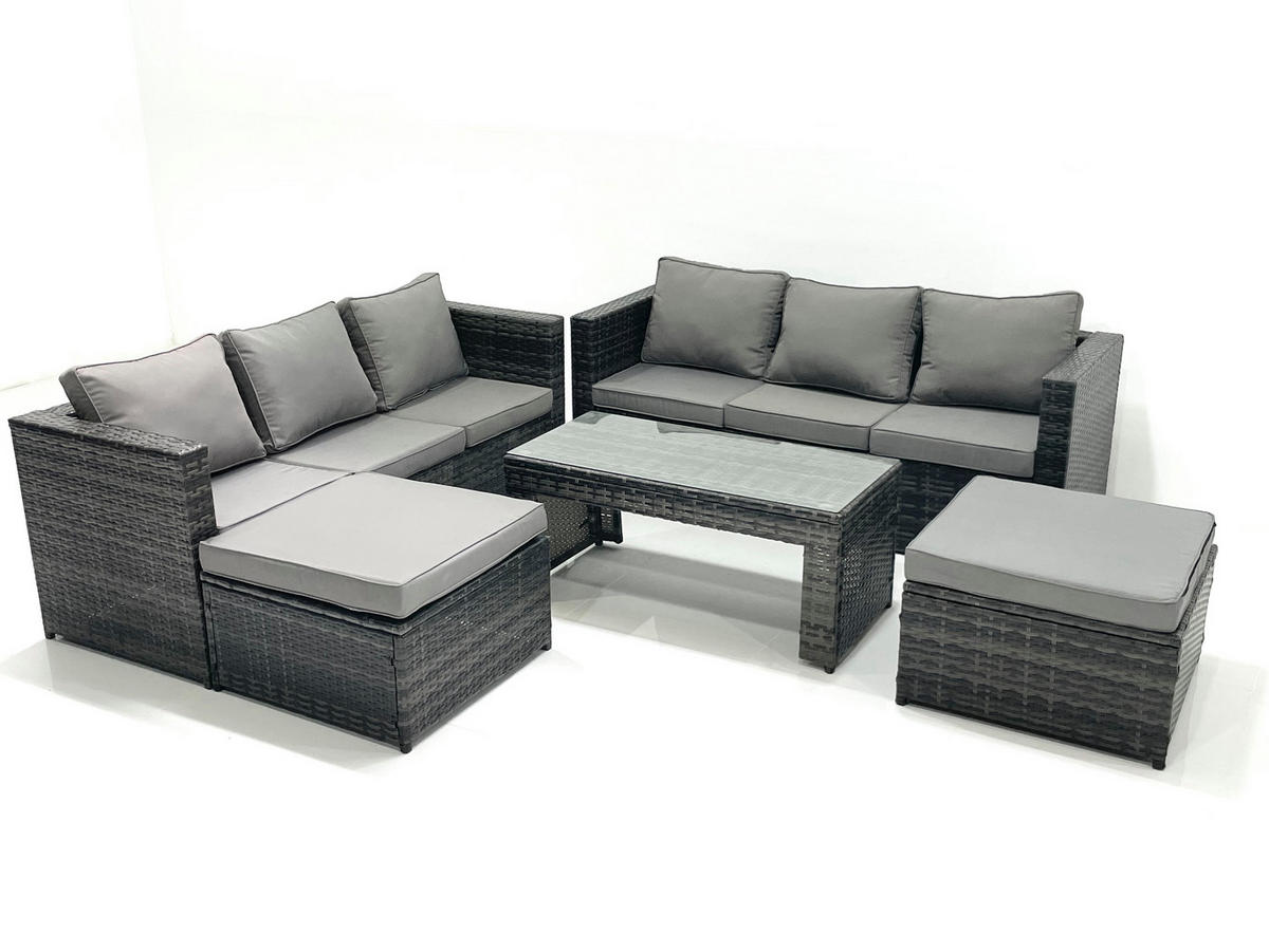 GARTENMÖBEL COUCHTISCH SET mit Sofa Polyrattan Outdoor 8-Sitzer - Dunkelgrau/Grau, Glas/Kunststoff - Fimous