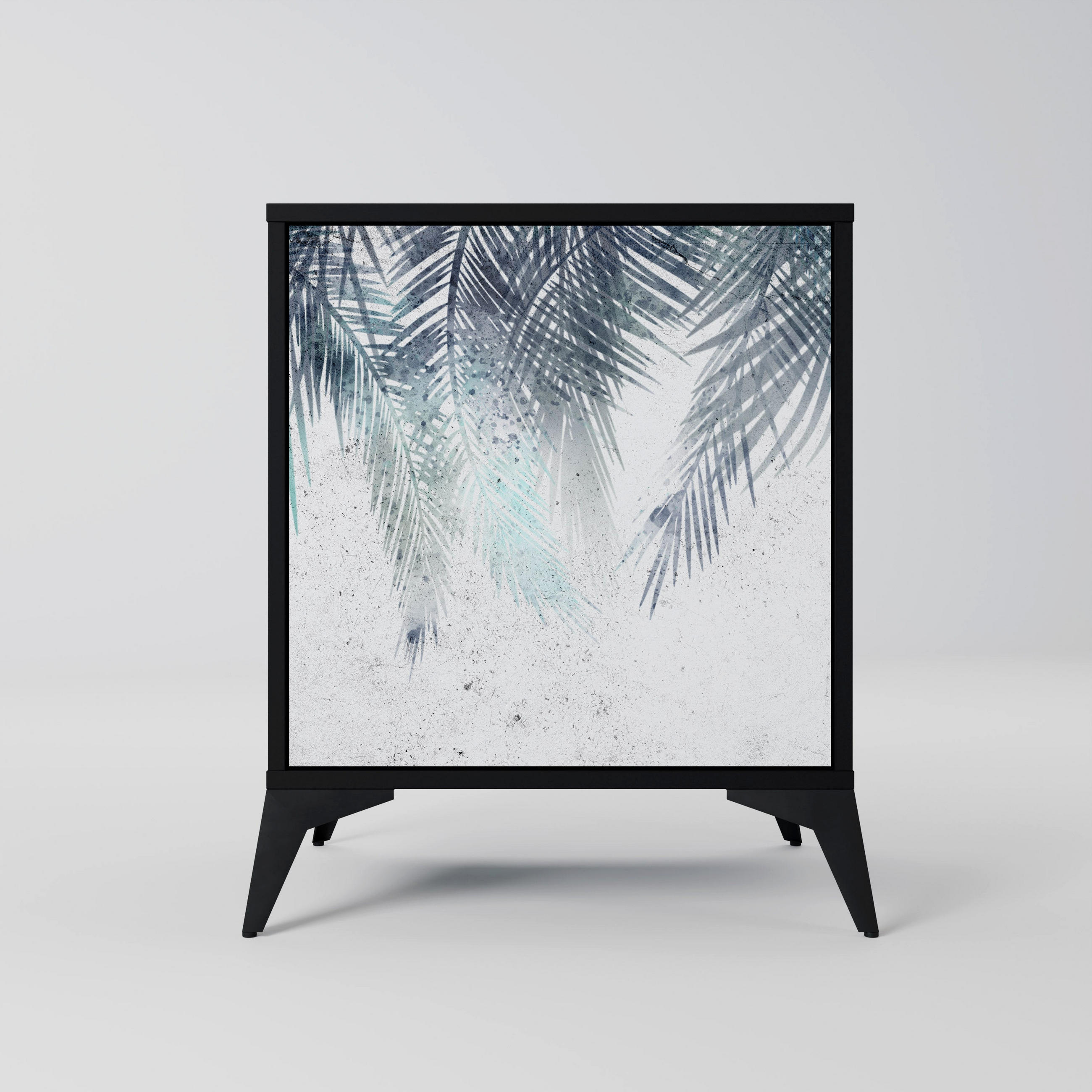 SIDEBOARD PALM VEIL, Schwarz, 57,5x42x70,5 cm, Schwarze Metall-Sternfüße - Multicolor/Schwarz, Holzwerkstoff/Metall (57.5/70.5/42cm) - SpaceRebels