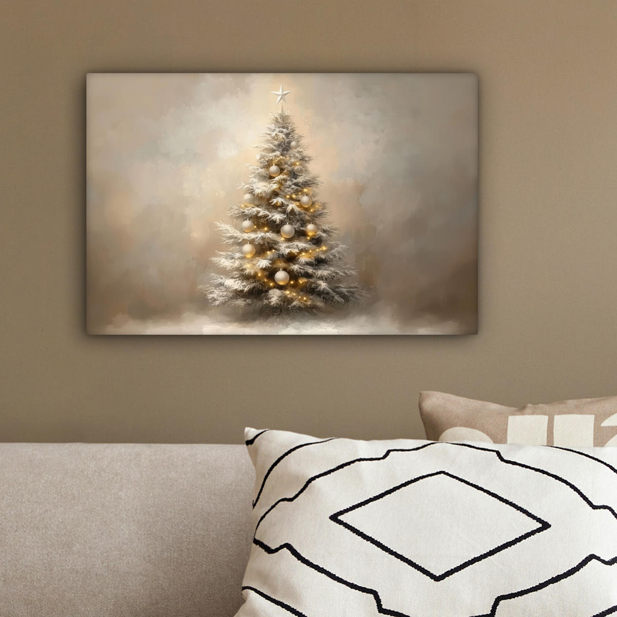 LEINWANDBILD Weihnachten - Weihnachtsbaum - Schnee - Kunst 30x20 cm - Champagner, Textil (30/20cm) - MuchoWow