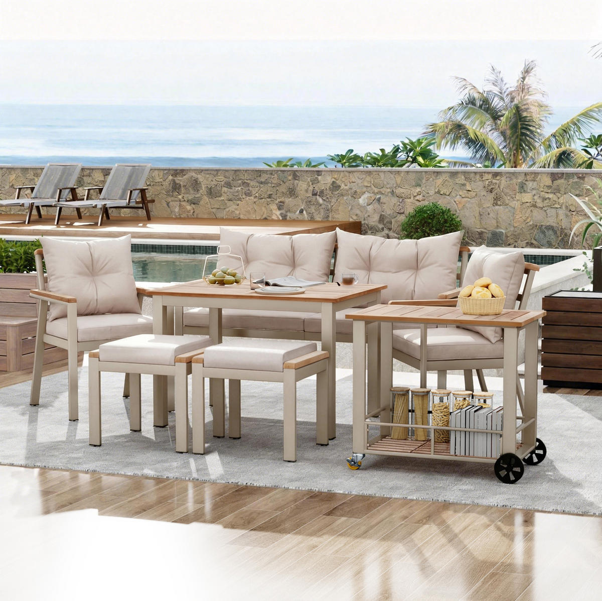 GARTEN-ESSGRUPPE 7-tlg. 6-7-Sitzer mit Servierwagen Akazienholz Beige - Beige, Holz - Beauniv