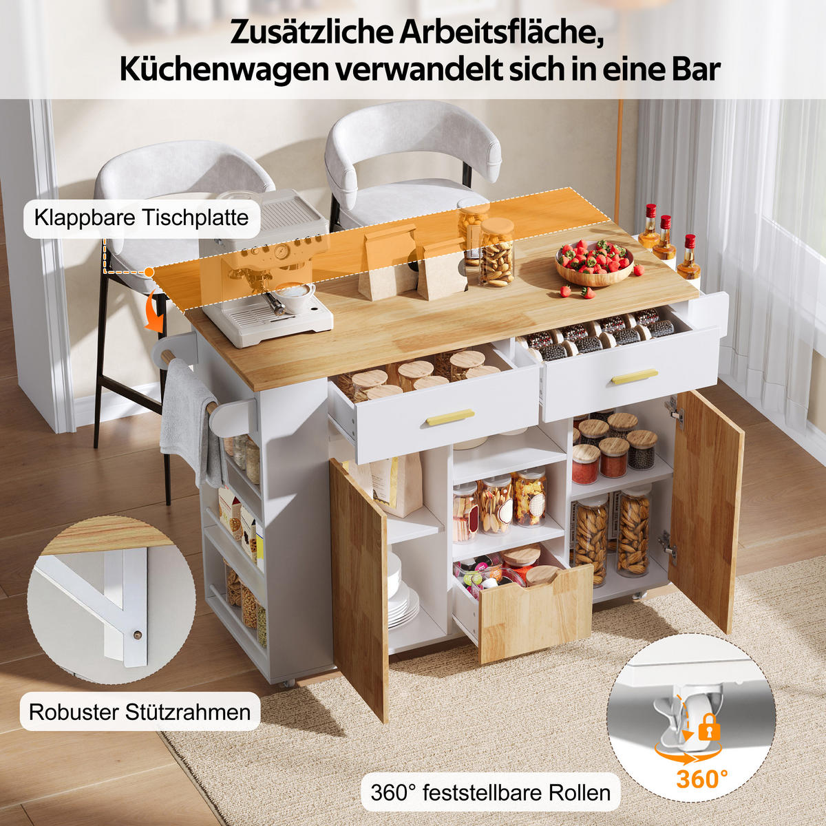 KÜCHENINSEL DE-41417 120/45-71/90 cm, klappbare Arbeitsplatte, Gewürzregal Weiß - Weiß, Holzwerkstoff (120/90/71cm) - ComfortXL