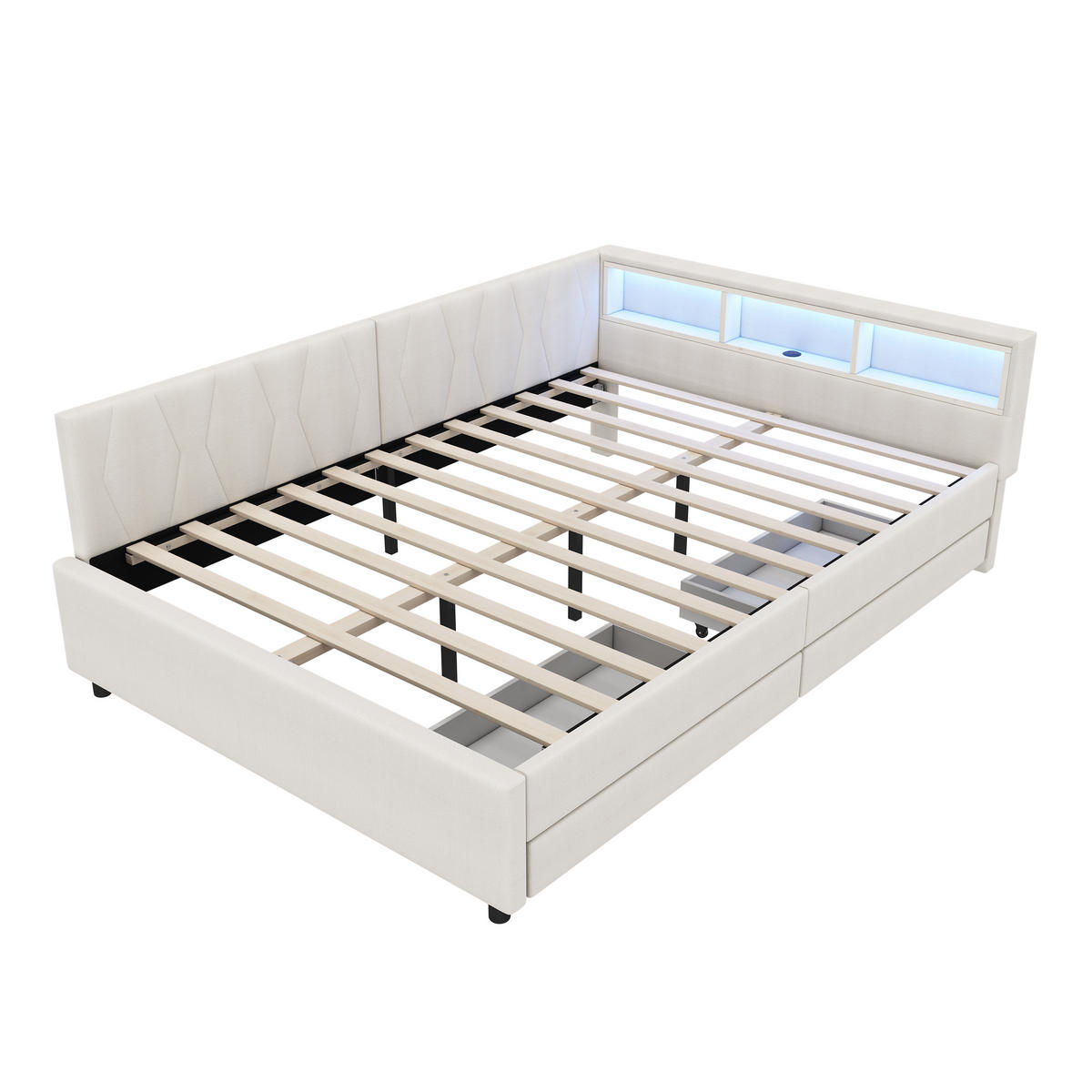 TAGEBETT 140x200cm Beige Leinen USB-C LED-Licht 2 Schubladen - Beige, Holz (140/200cm) - FLIEKS