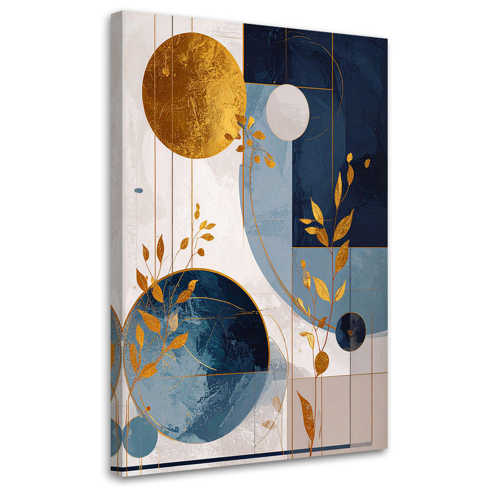 WANDBILD, Türkis-goldene abstrakte Darstellung von Kreisen und Blättern - Blau, Textil (20/30cm) - Feeby