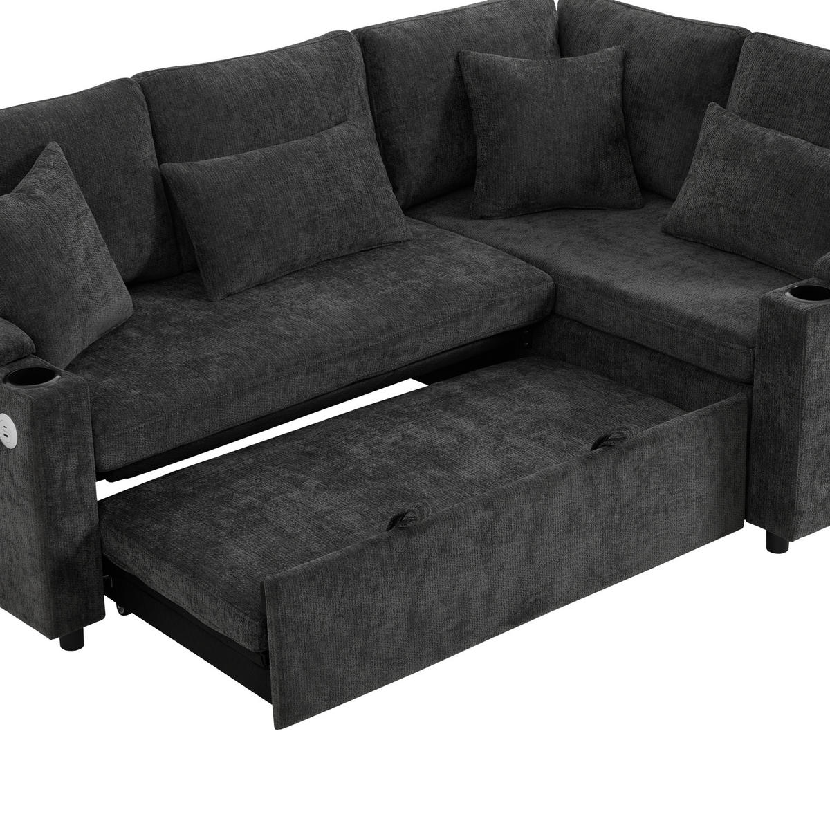 ECKSCHLAFSOFA Chenille Dunkelgrau mit Stauraum, USB, Getränkehalter und mit Kissen - Dunkelgrau, Holzwerkstoff/Kunststoff (206.5/141cm) - WISHDOR