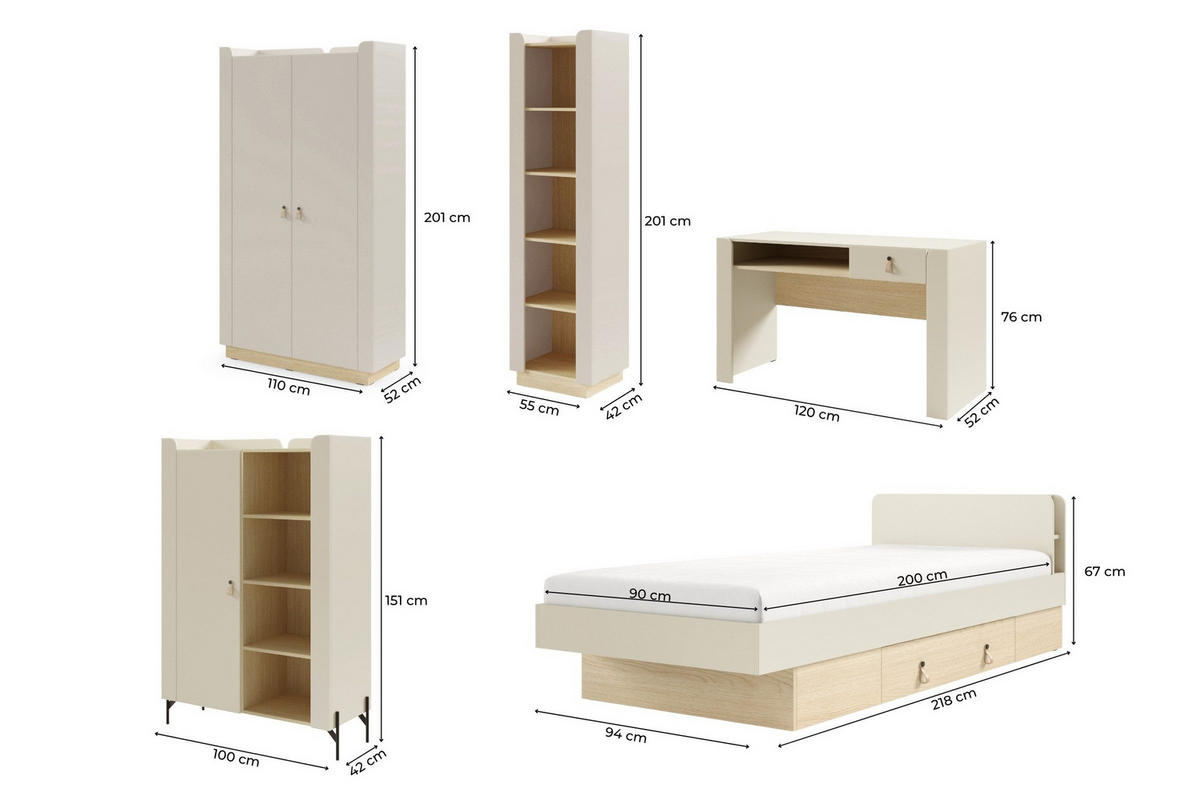 JUGENDZIMMER SOVI B 6-teilig in Porcini / Eiche Mavelie - Eichefarben/Beige, Holzwerkstoff (479/201/218cm) - Deine Möbel 24