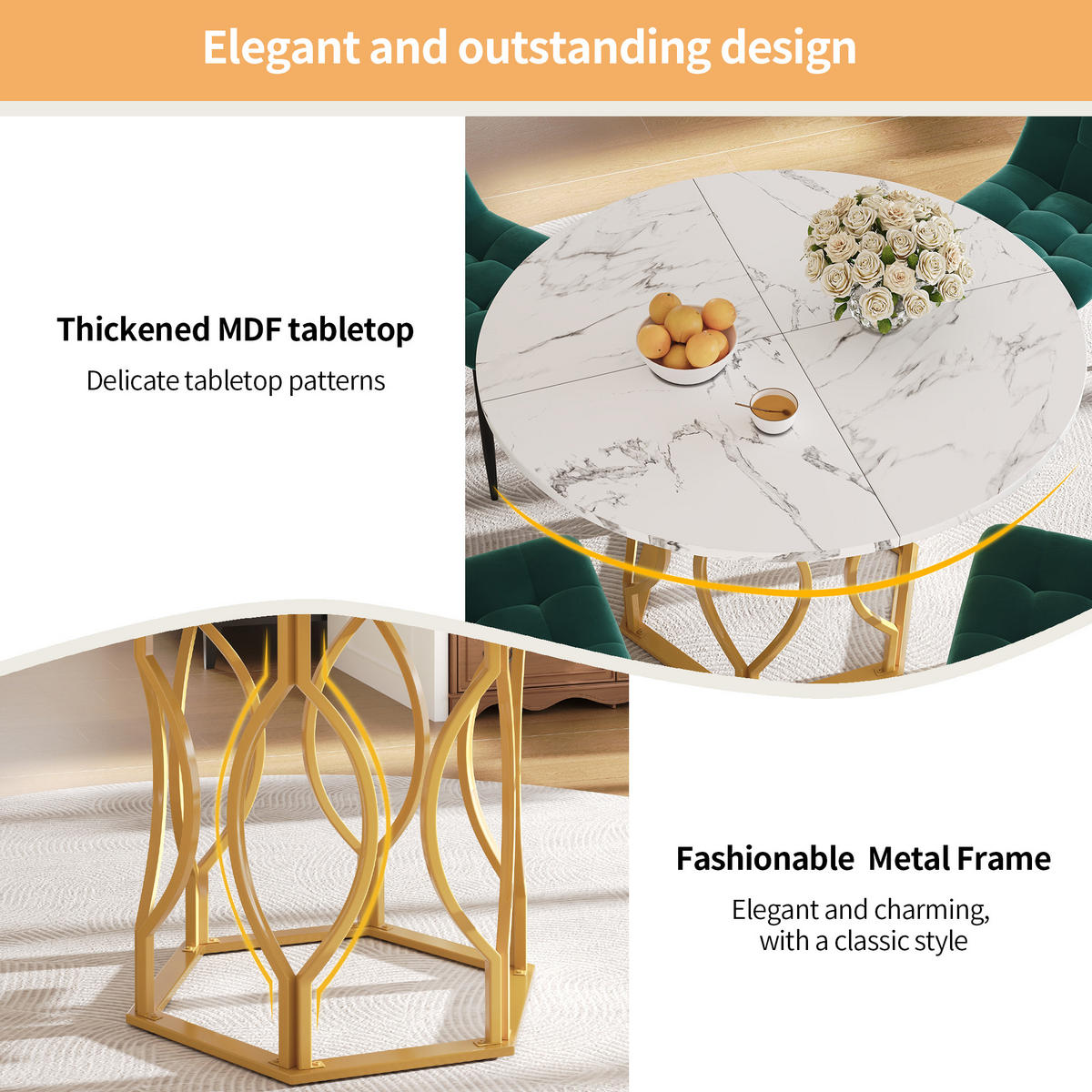 ESSTISCHSET 5-Teilig Rund 100 Cm, Weiße MDF, 4 Dunkelgrüne Samtstühle, Gold - Multicolor, Holzwerkstoff (76/24/100cm) - FLIEKS
