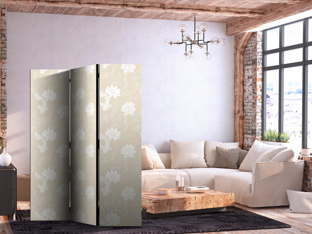 PARAVENT Einseitig Bedruckter 3-tlg 135x172 cm Kois und Blumen Boho - Beige, Holz/Textil (135/172/3cm) - Muralo