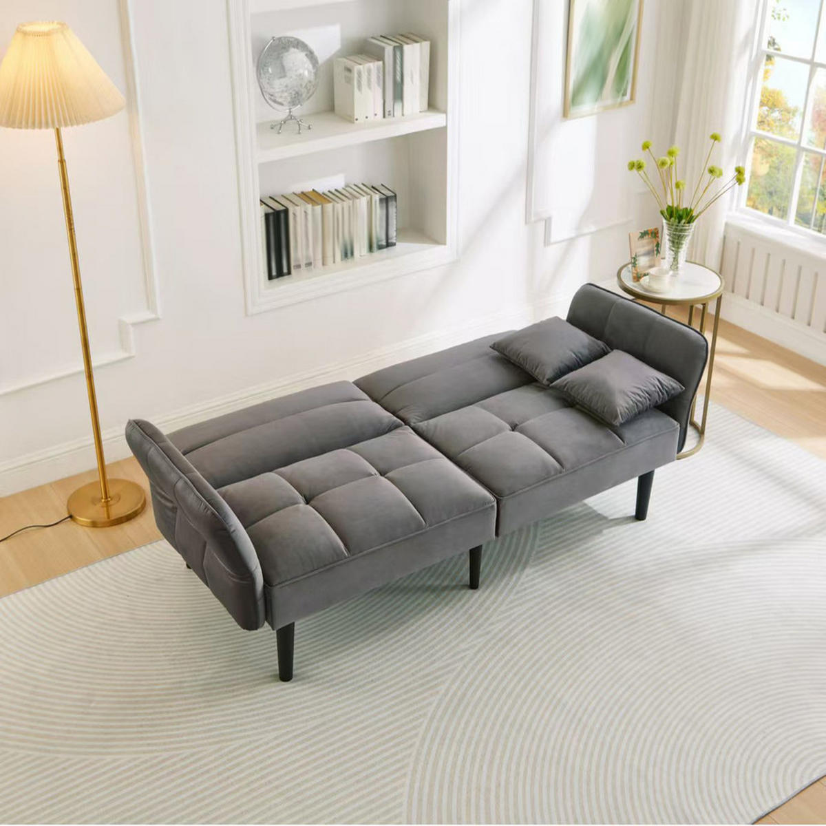 SOFA 2in1 Verstellbar Schlaffunktion Samtbezug Klappbare Armlehnen Kleinraum - Grau, Holz (92.08/19.05/80.01cm) - FLIEKS