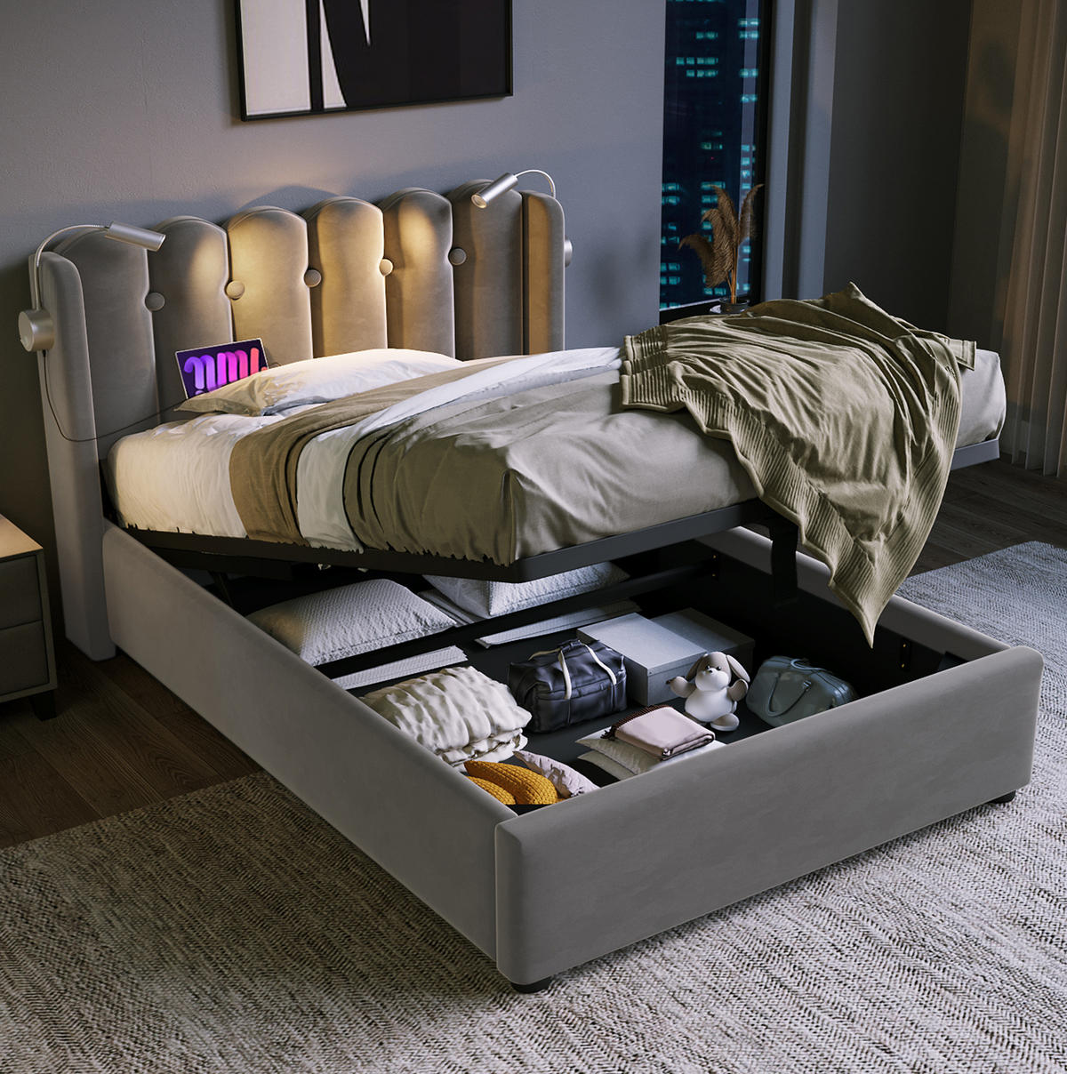 POLSTERBETT 90/200 cm Grau aus Samt mit Bettkasten und USB - Grau, Textil (90/200cm) - OKMYHOME