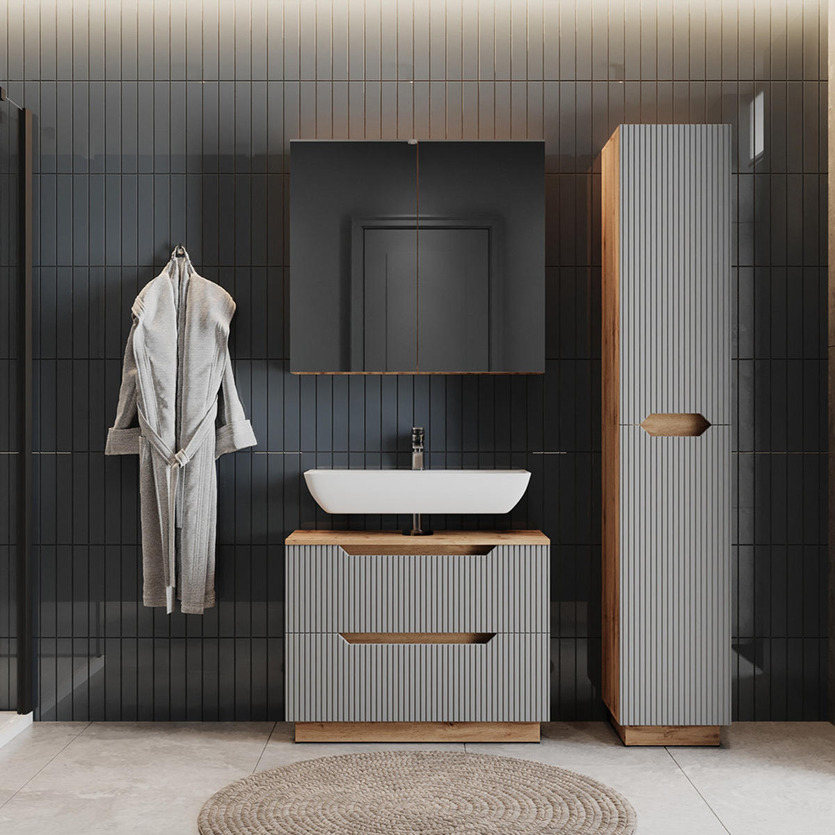 BADMÖBEL-SET Lotta Eiche/grau gestreift 3 Teile - Eichefarben/Grau, Holzwerkstoff (79.6/62.5/32cm) - Vicco