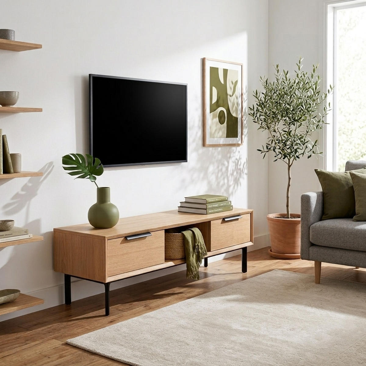 TV-MÖBEL Bergen, Natur Massiveiche - Beige, Holz (200/45/43cm) - WOODEK
