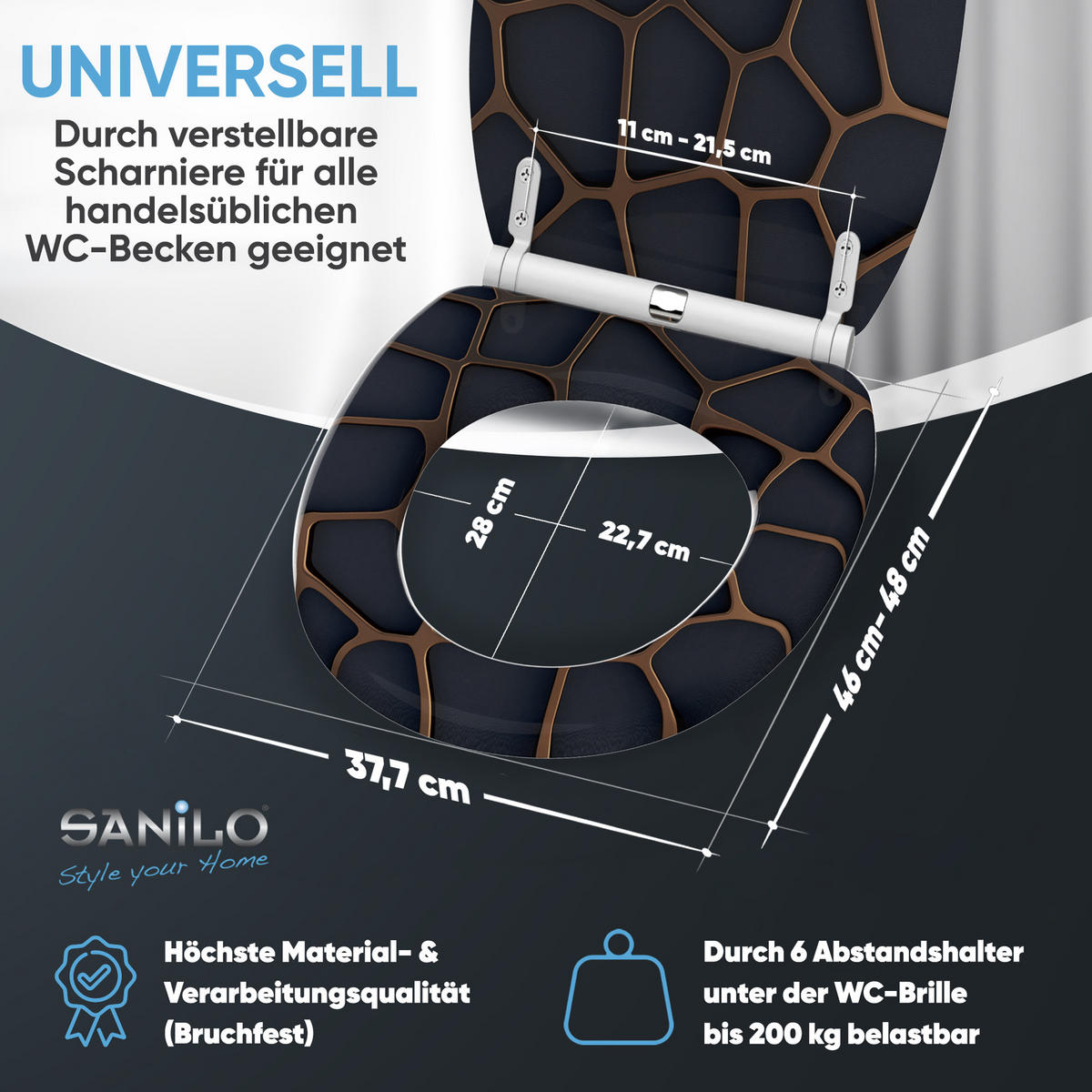 WC-SITZ mit Absenkautomatik & Top Fix Mesh - Schwarz, Holzwerkstoff (37.7/5.5/48cm) - Sanilo