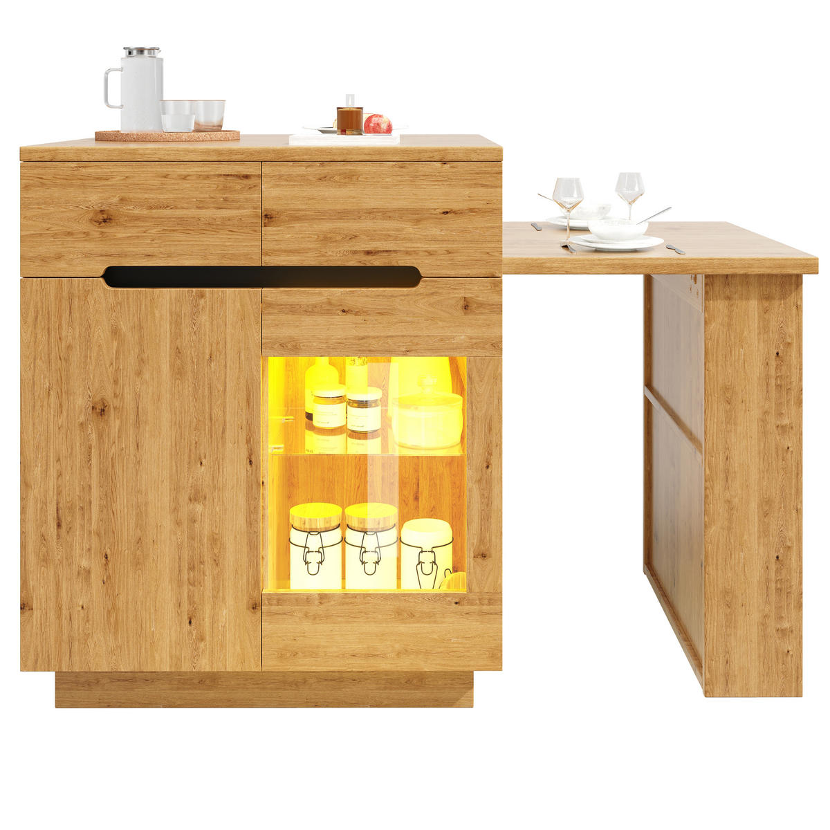KÜCHENINSEL ausziehbar 122-195/70/93,5 cm mit LED DE-39586 Eichen-Optik - Naturfarben, Holzwerkstoff (122/93.5/70cm) - ComfortXL