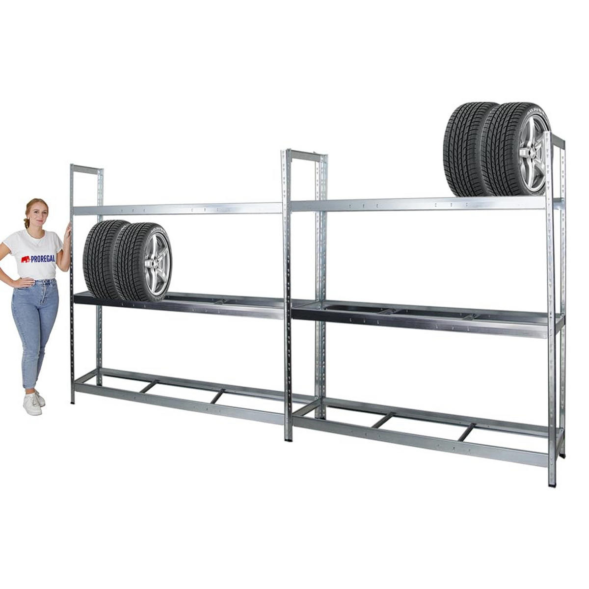 REIFENREGAL Tiger XL 2er-Set mit 2x 200x180x45 cm 300 kg Fachlast bis zu 42 Reifen Verzinkt - Silberfarben, Metall (360/200/45cm) - PROREGAL