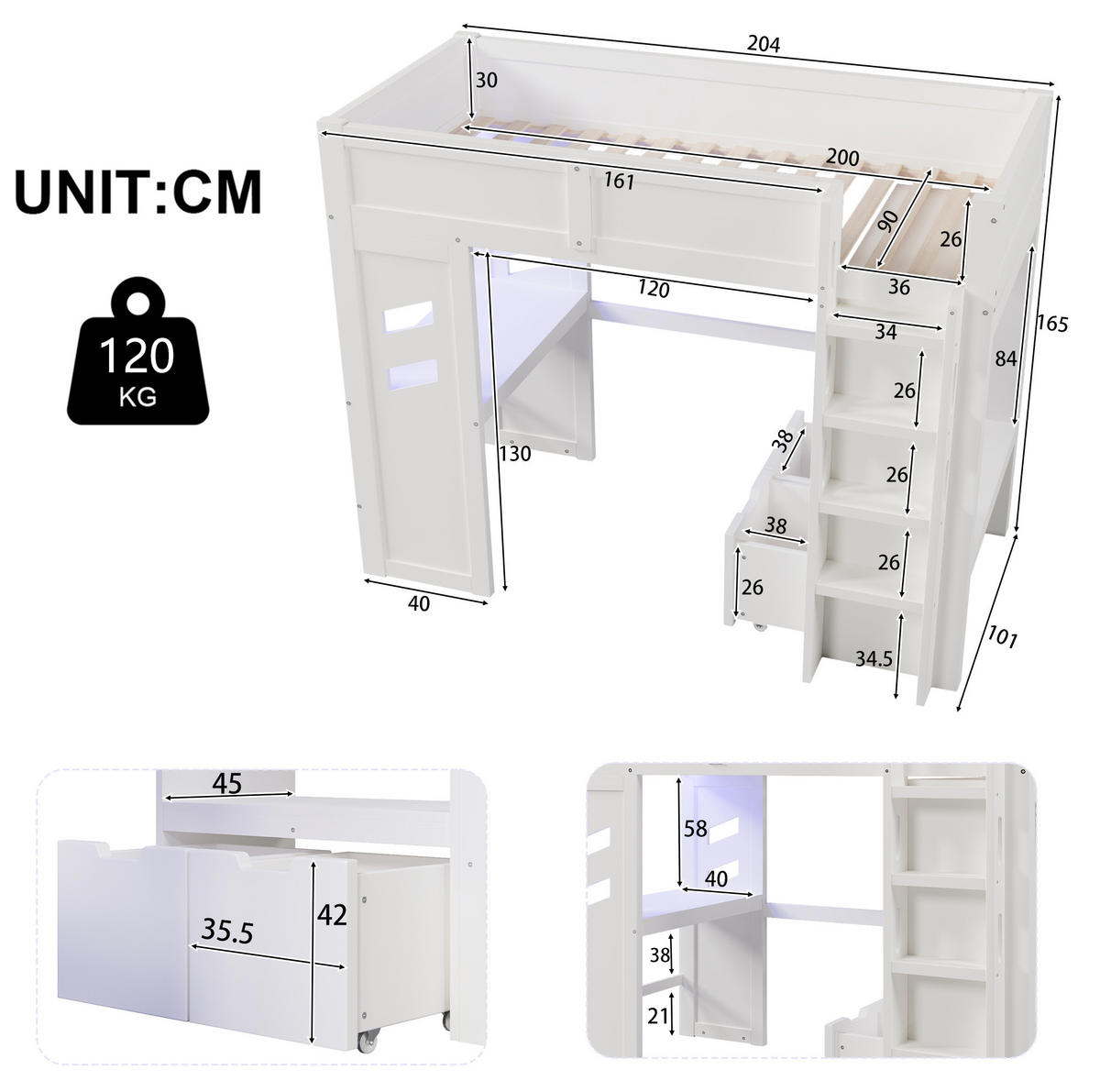 HOCHBETT mit Schreibtisch 90/200 cm in Weiß – mit LED, USB-C und Stauraum - Weiß, Holz (90/200cm) - BEAOK