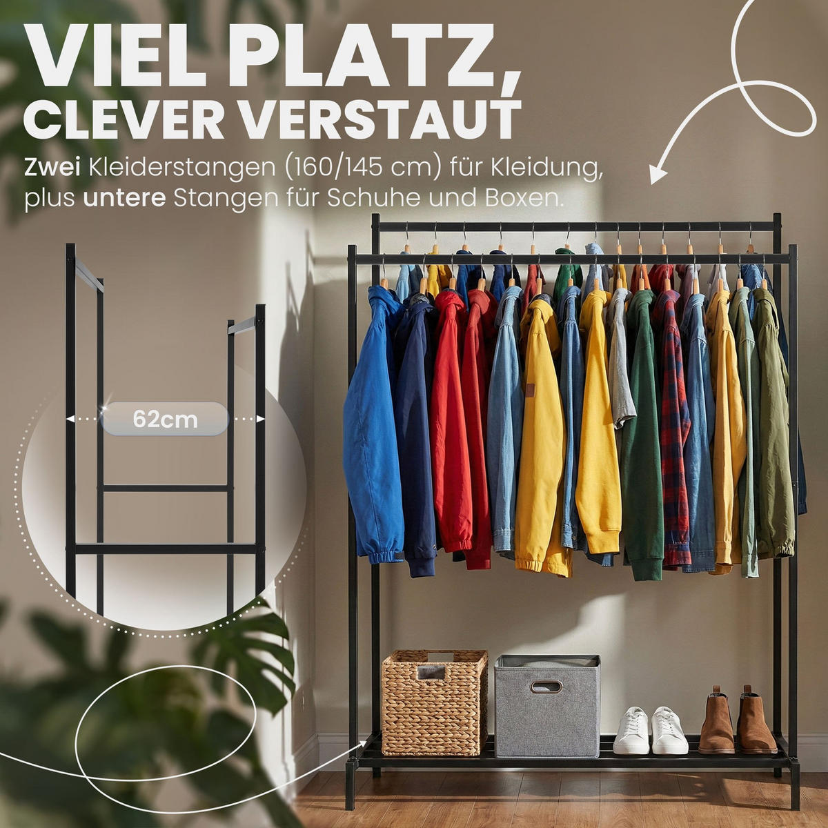 KLEIDERSTÄNDER 150x38x120-schwarz-Metall - Schwarz, Metall (150/160/62cm) - CLP